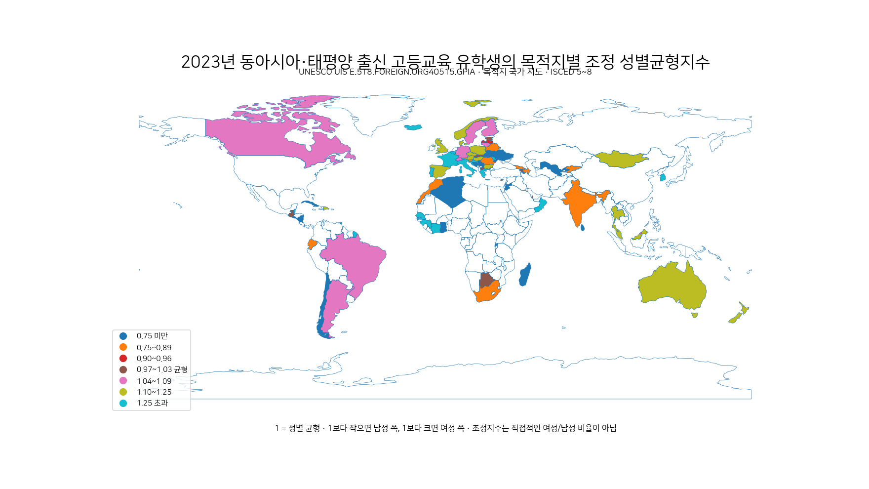 2023년 동아시아·태평양 출신 고등교육 유학생의 목적지 국가별 조정 성별균형지수를 보여 주는 세계 지도