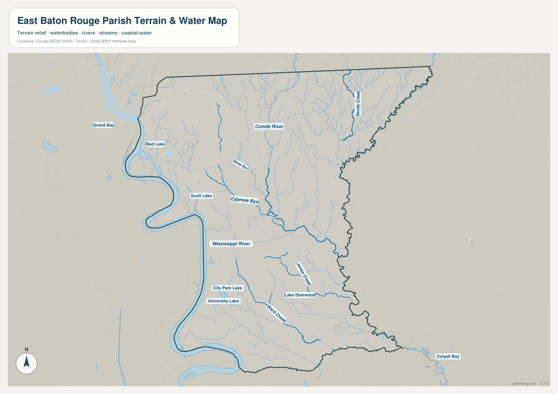 Mississippi River, Comite River, Cypress Bayou, Ward Creek, Jones Creek가 표시된 이스트 배턴루지 패리시 수역 지도