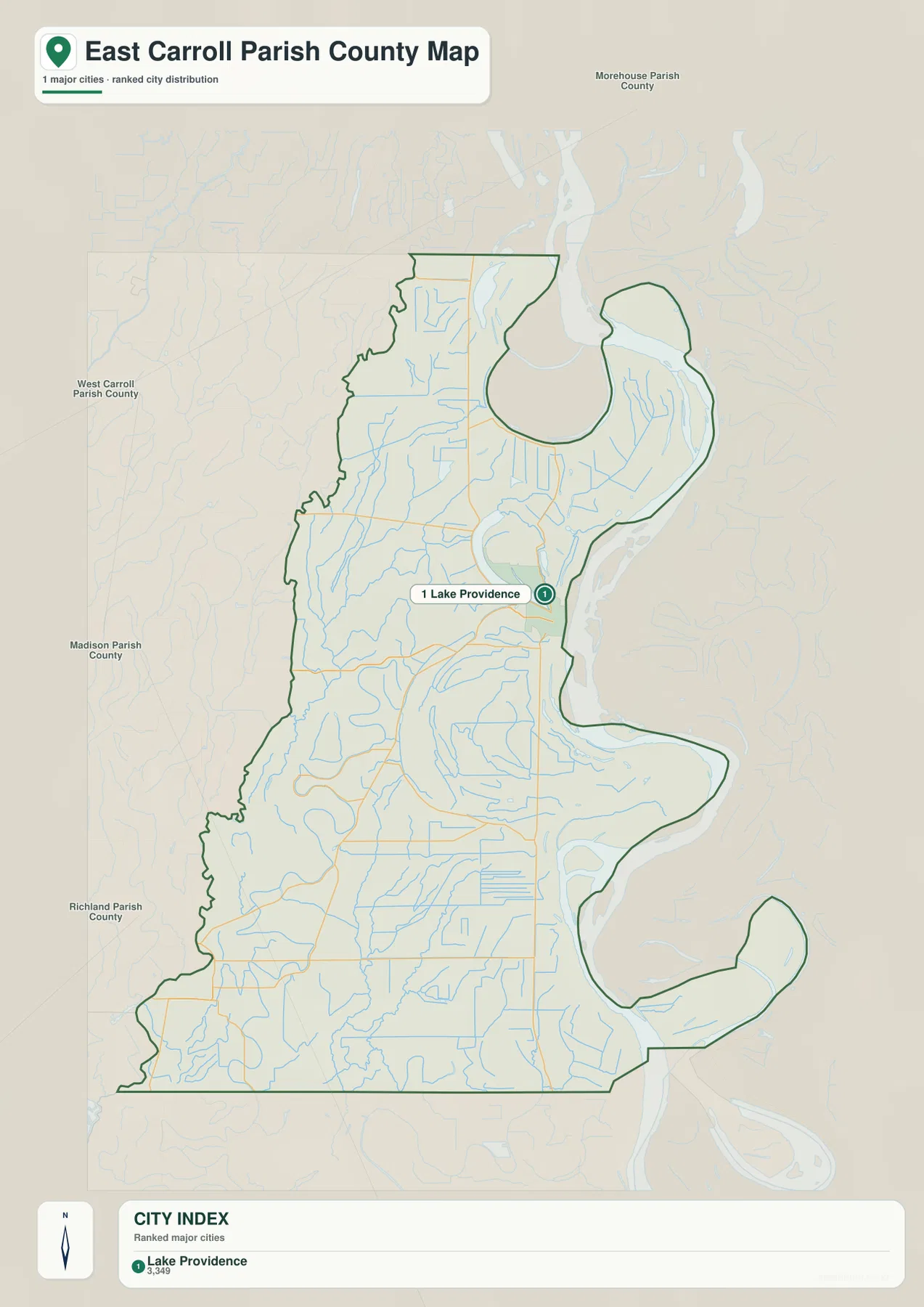 Lake Providence의 위치와 주변 West Carroll, Richland, Madison 패리시를 보여 주는 이스트 캐럴 패리시 도시 지도
