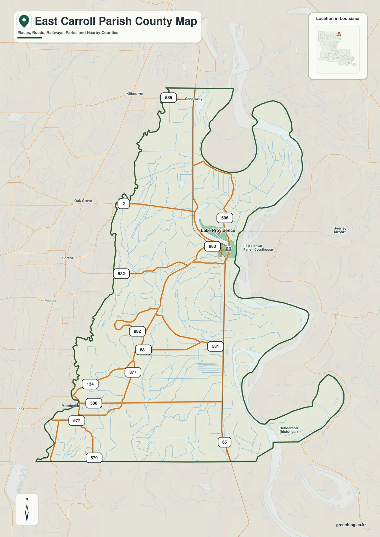 Lake Providence, LA 2, LA 65와 Mississippi River 경계가 표시된 이스트 캐럴 패리시 지도