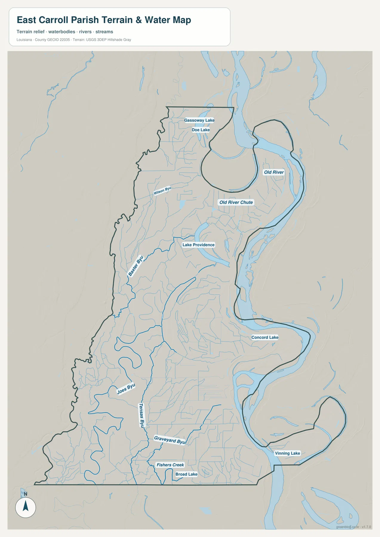 Lake Providence, Old River, Concord Lake, Tensas Bayou와 Mississippi River가 표시된 이스트 캐럴 패리시 수역 지도