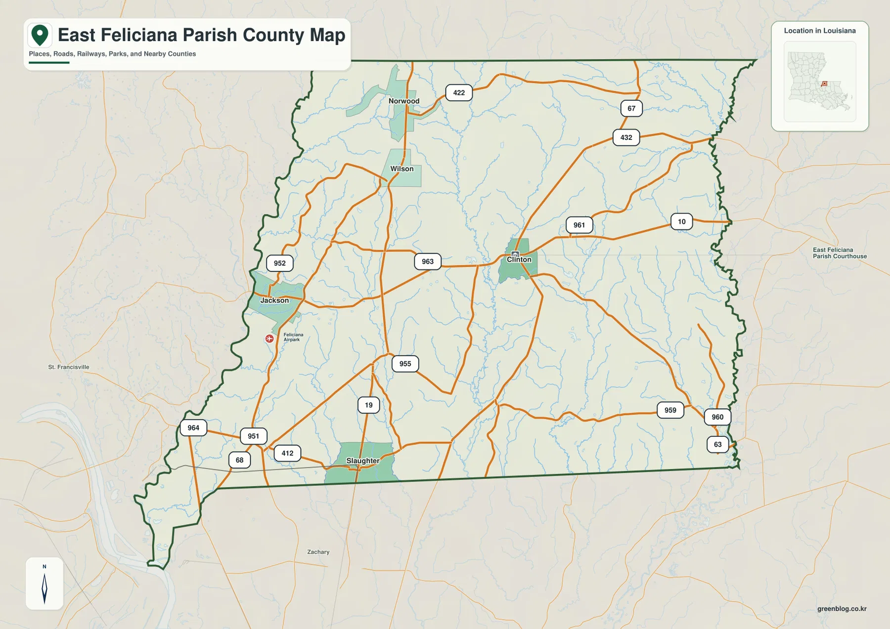 East Feliciana Parish map showing Jackson, Clinton, Slaughter, Wilson, Norwood, LA 10, LA 19, and LA 67