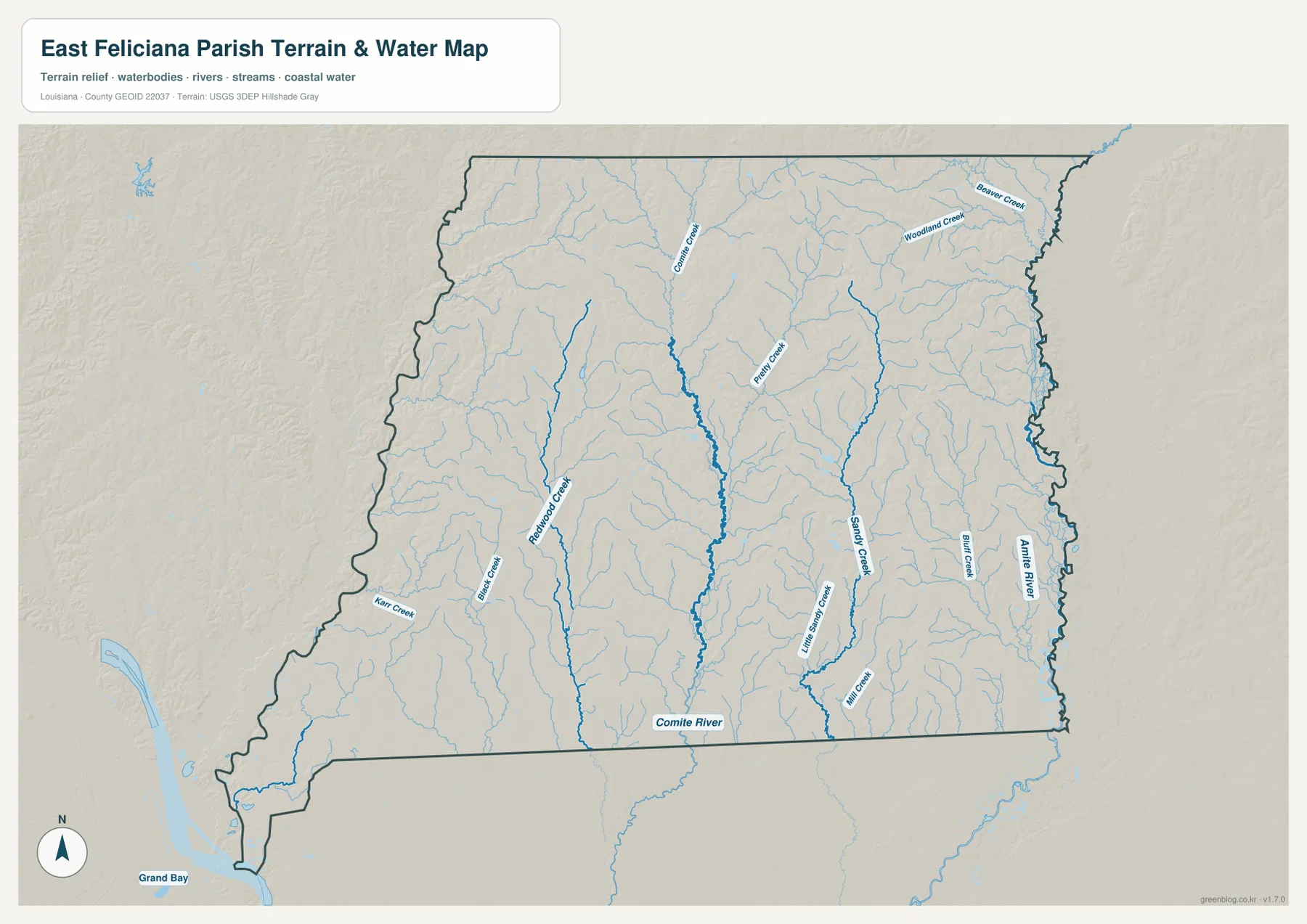 East Feliciana Parish terrain and water map showing the Amite River, Comite River, Sandy Creek, Redwood Creek, and Piney Creek