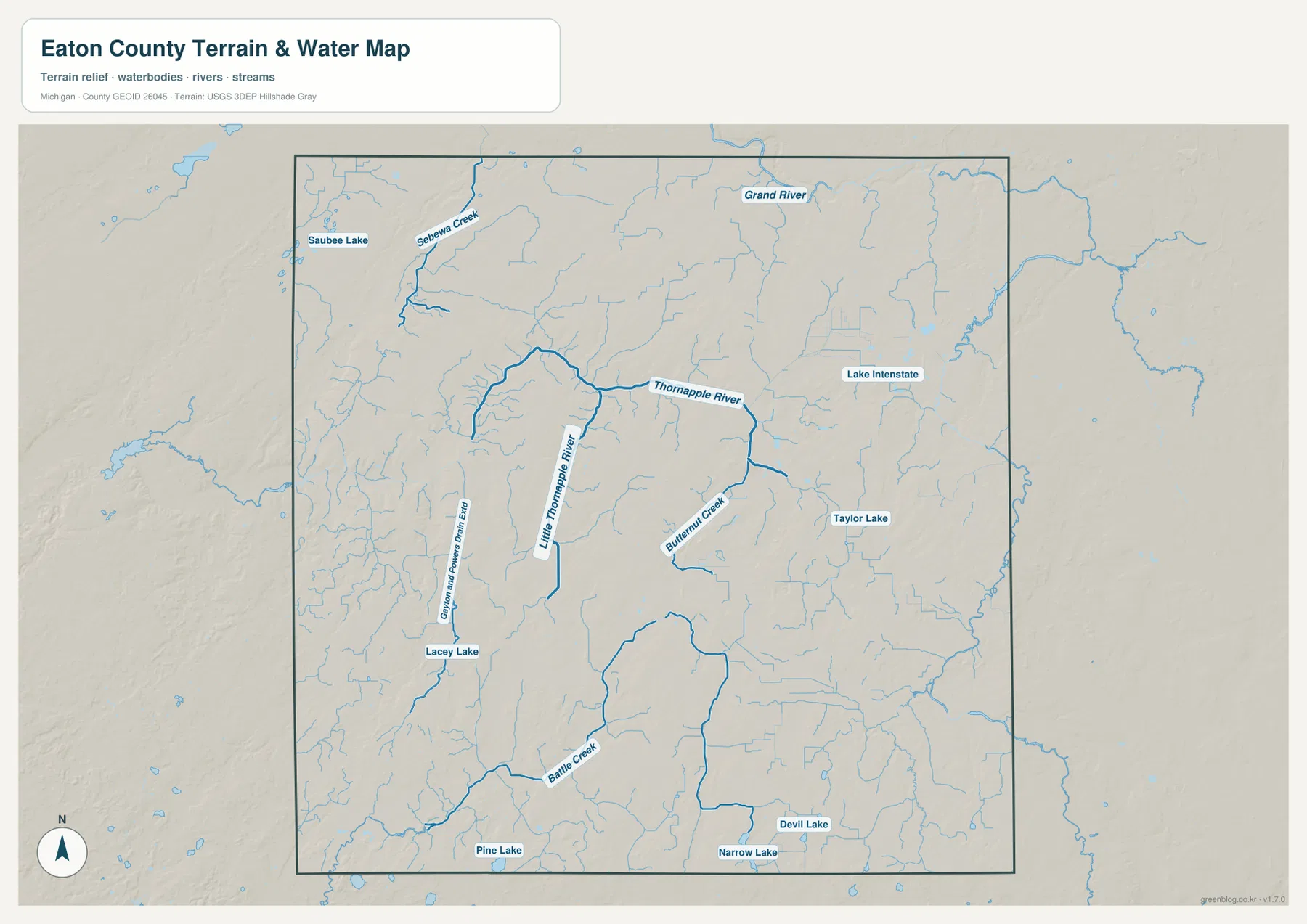 Grand River, Thornapple River, Little Thornapple River, Butterfield Creek, Battle Creek, Pine Lake, Lacey Lake, Lake Interstate, Taylor Lake, Devil Lake가 표시된 Eaton County 지형 수역 지도