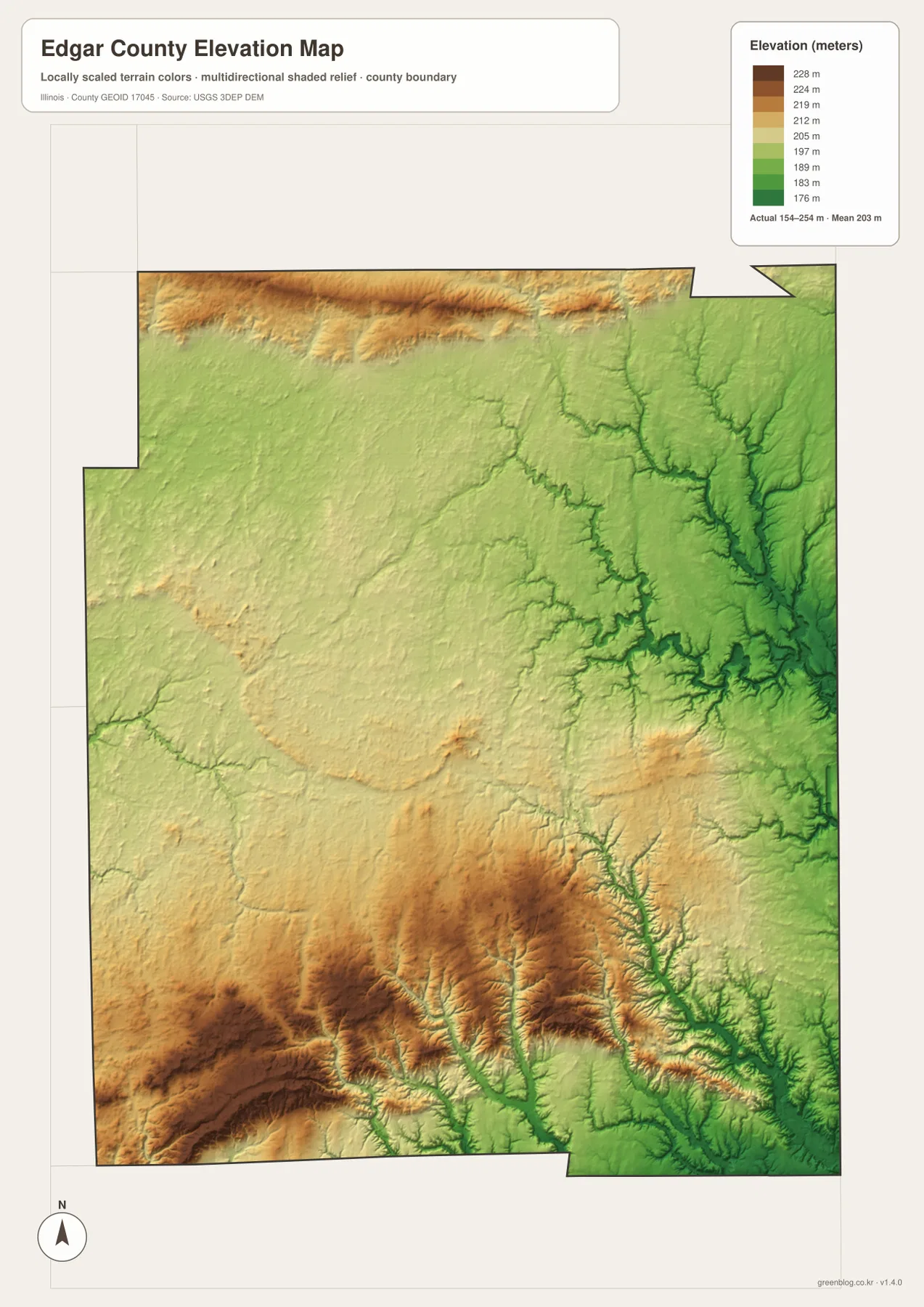 Edgar County Illinois elevation map showing higher northern and southwestern ground and lower eastern creek valleys across an actual range of about 154 to 254 meters