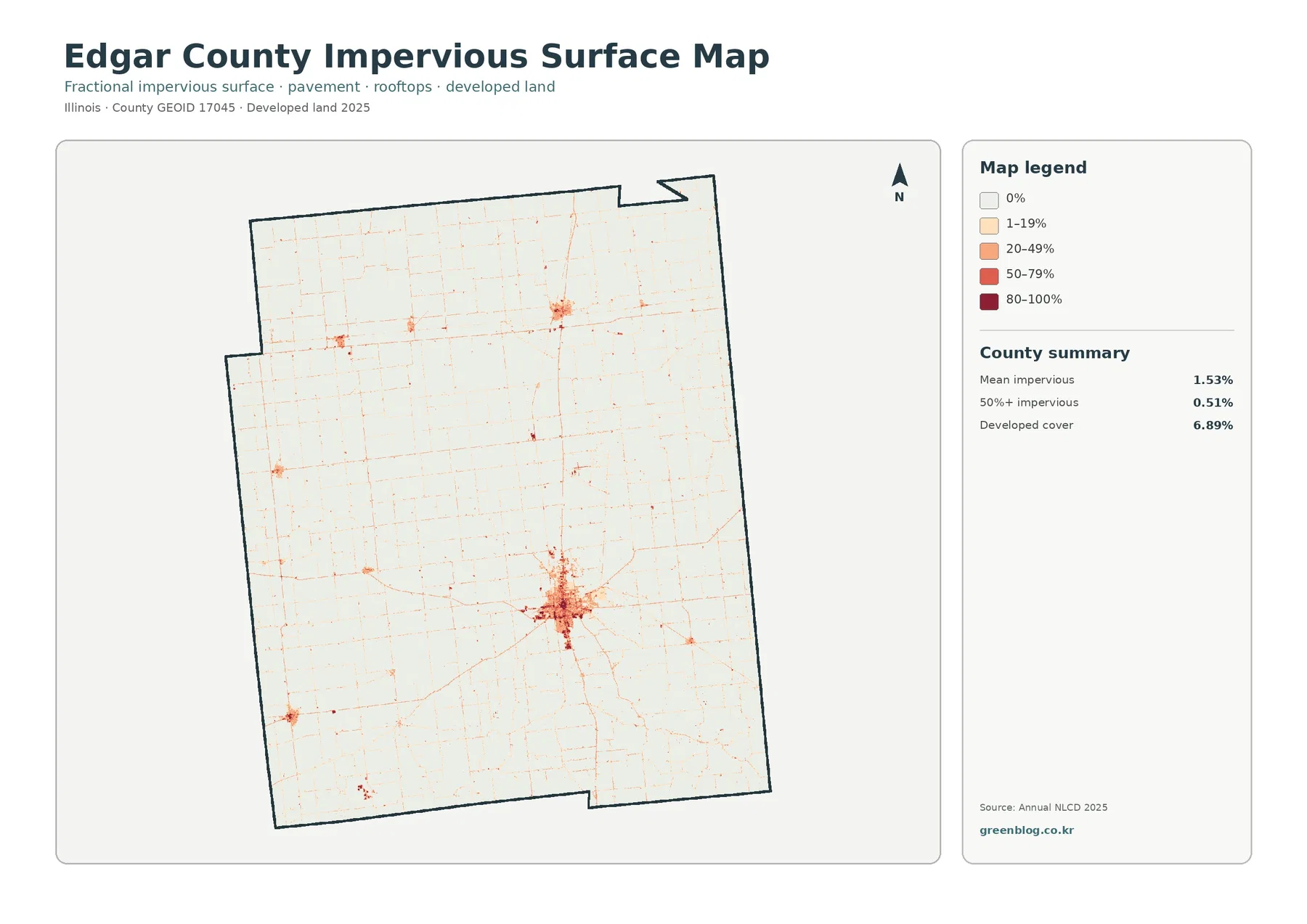 Edgar County impervious surface and developed land map