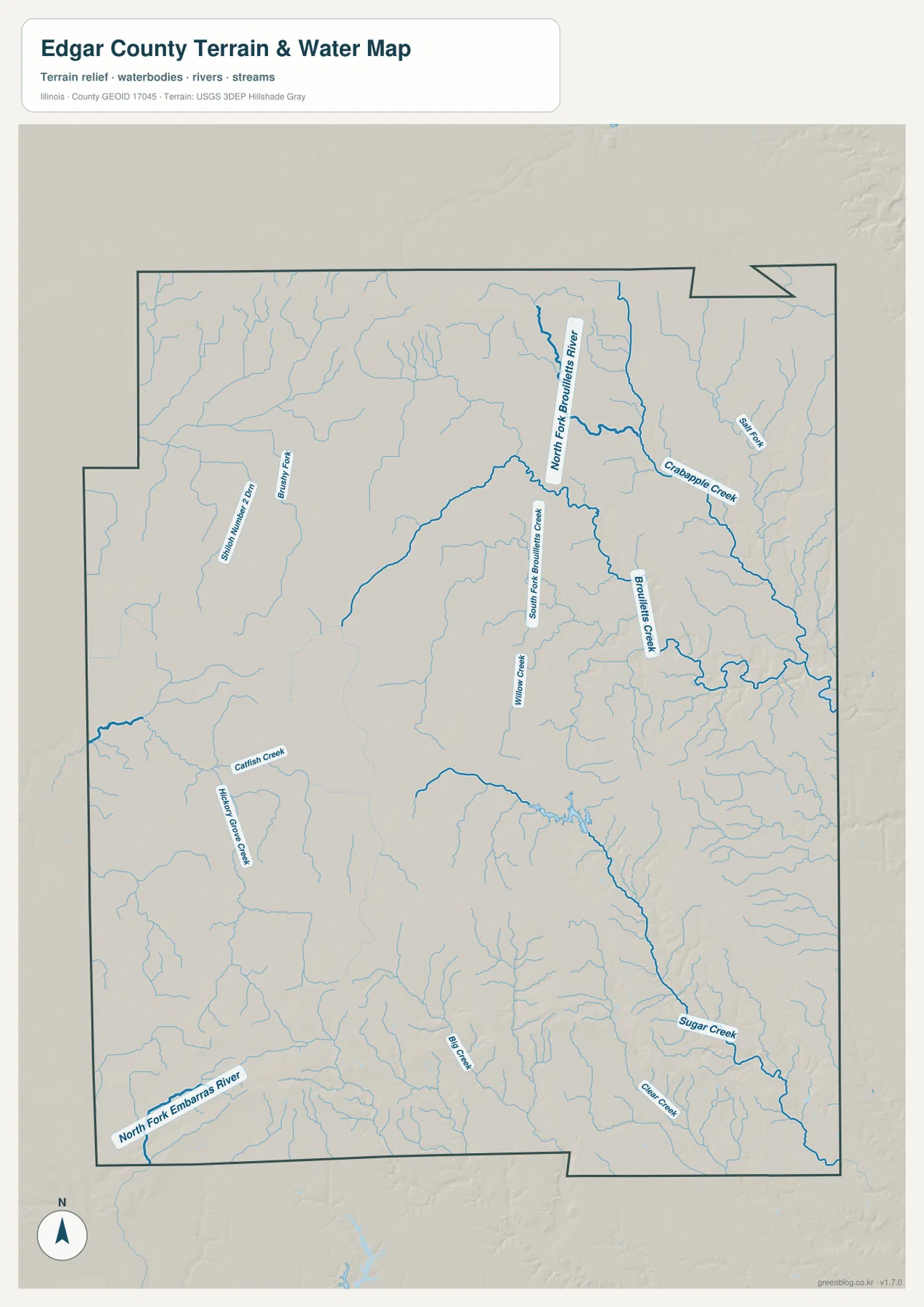 Edgar County Illinois terrain and water map showing Brouilletts Creek, Crabapple Creek, Sugar Creek, North Fork Embarras River, Catfish Creek, Hickory Grove Creek, and tributaries