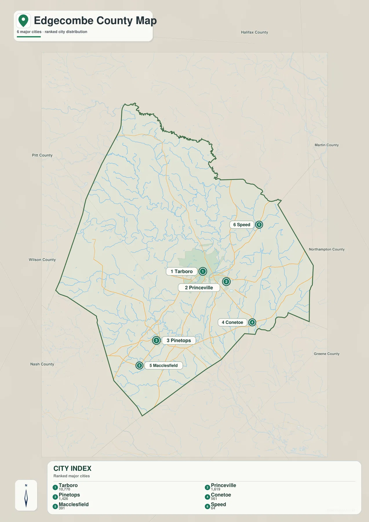 Edgecombe County city map showing Tarboro Princeville Pinetops Conetoe Macclesfield and Speed