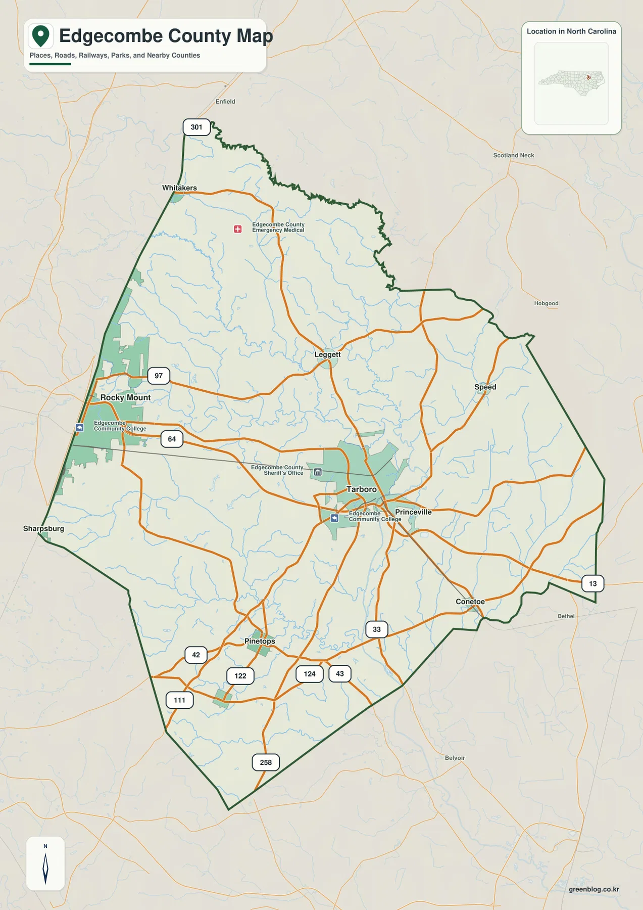 Edgecombe County map with Tarboro Princeville Rocky Mount Tar River roads 64 and 301