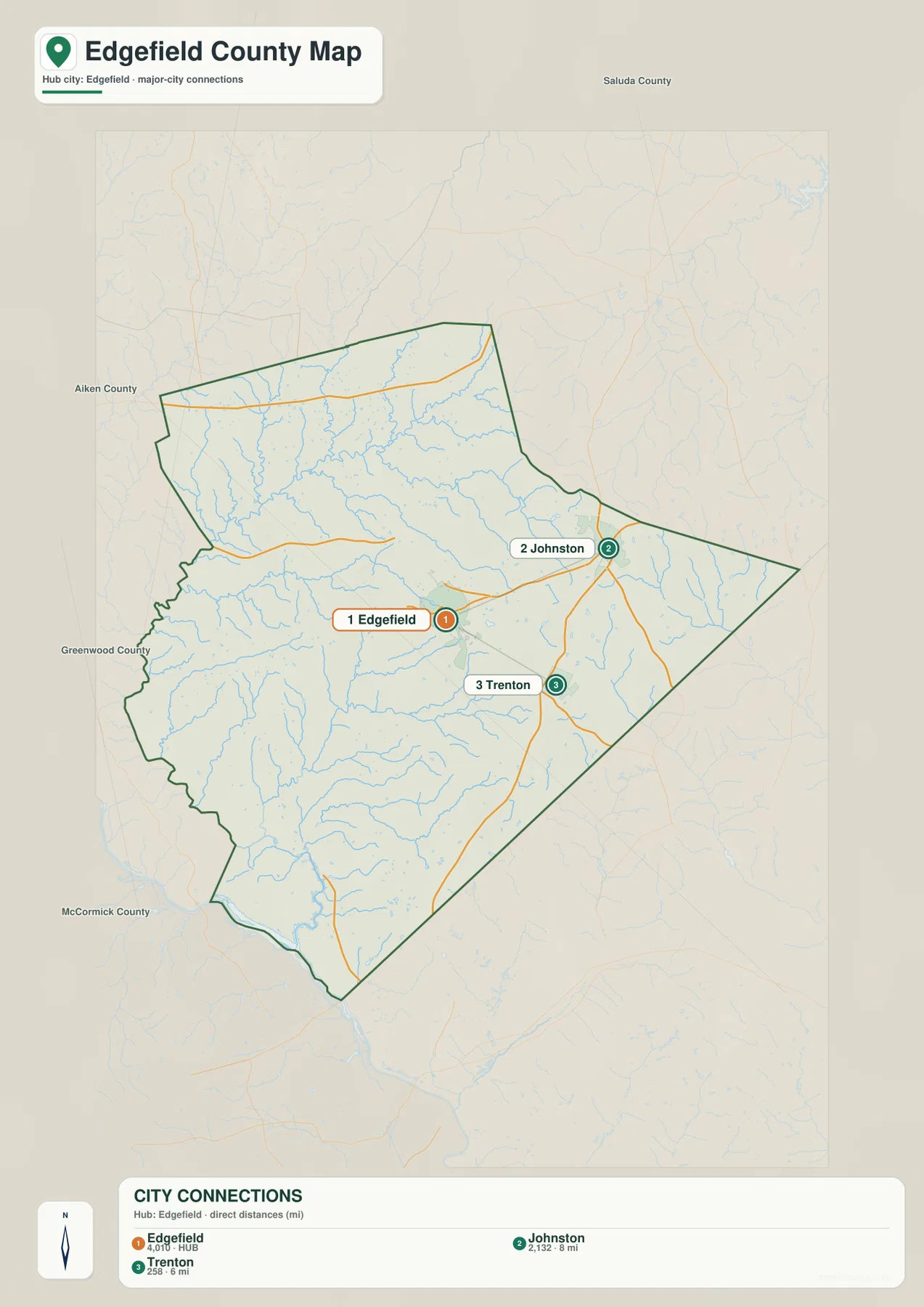 Edgefield County city connections map showing Edgefield, Johnston, Trenton and straight-line distances