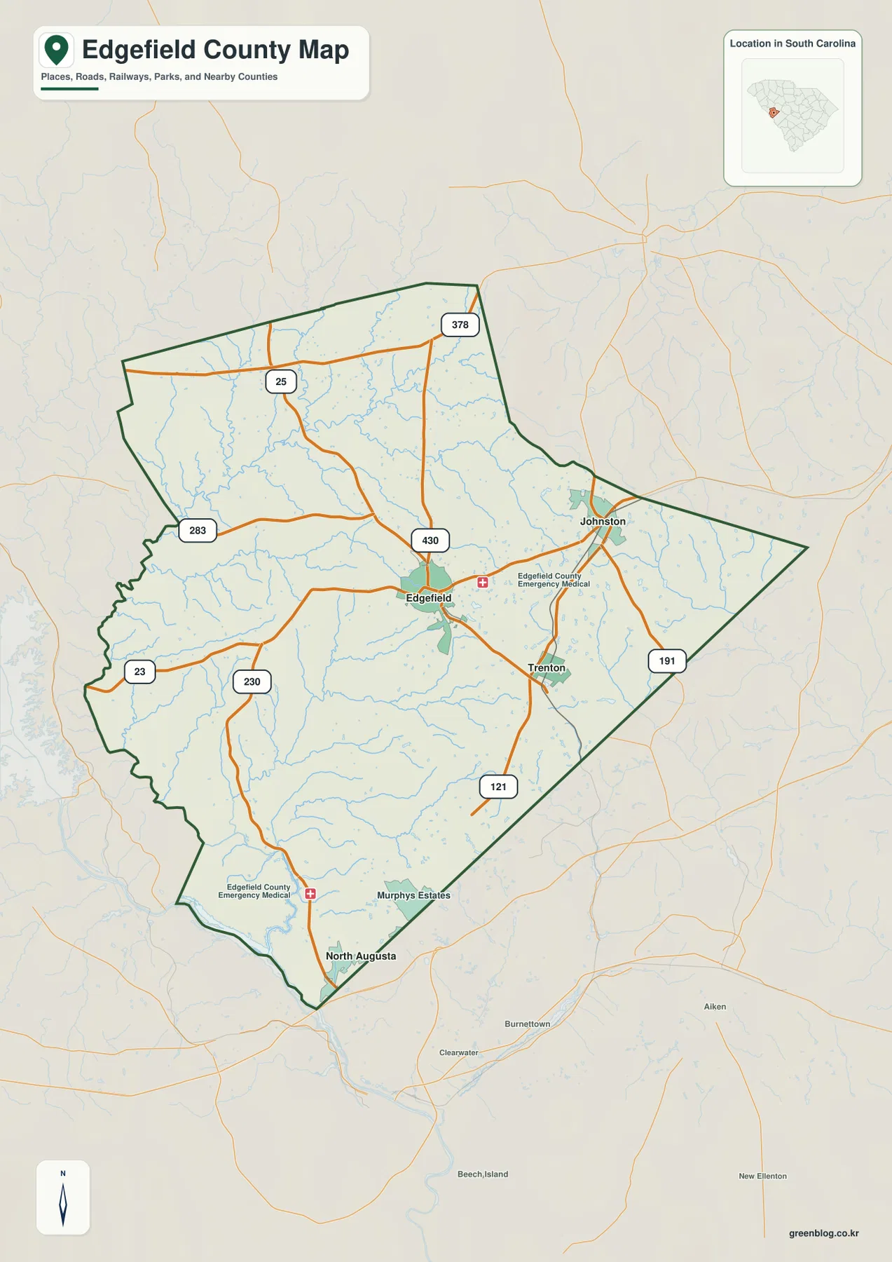Edgefield County map showing Edgefield, Johnston, Trenton, North Augusta direction, and major numbered roads