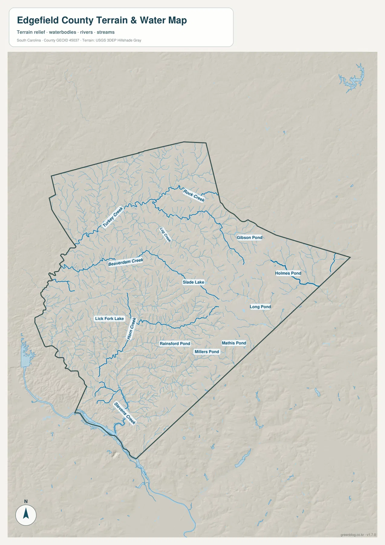 Edgefield County terrain and water map showing Turkey Creek, Rock Creek, Beaverdam Creek, Horn Creek, Stevens Creek, Slade Lake, and other ponds