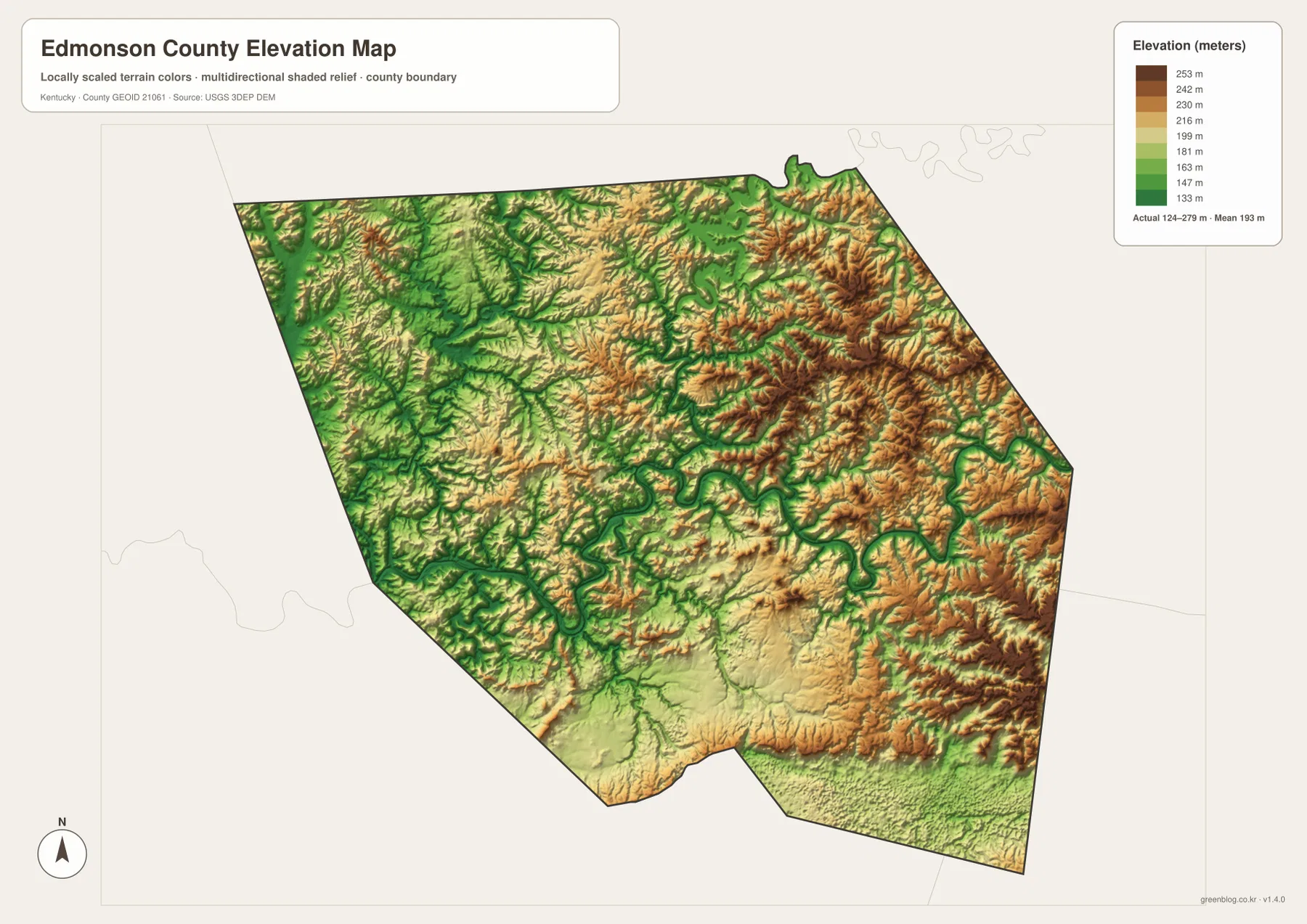 Edmonson County elevation map showing an actual 124 to 279 meter range, a 193 meter mean, low Green and Nolin river valleys, and higher eastern ridges