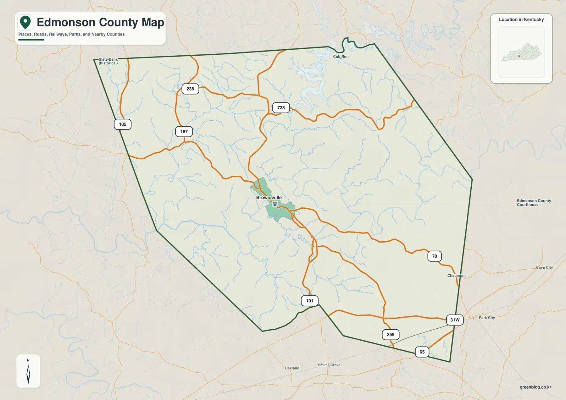 Edmonson County Kentucky map showing Brownsville, Cub Run, KY 70, 101, 185, 187, 238, 259, U.S. 31W, and nearby roads