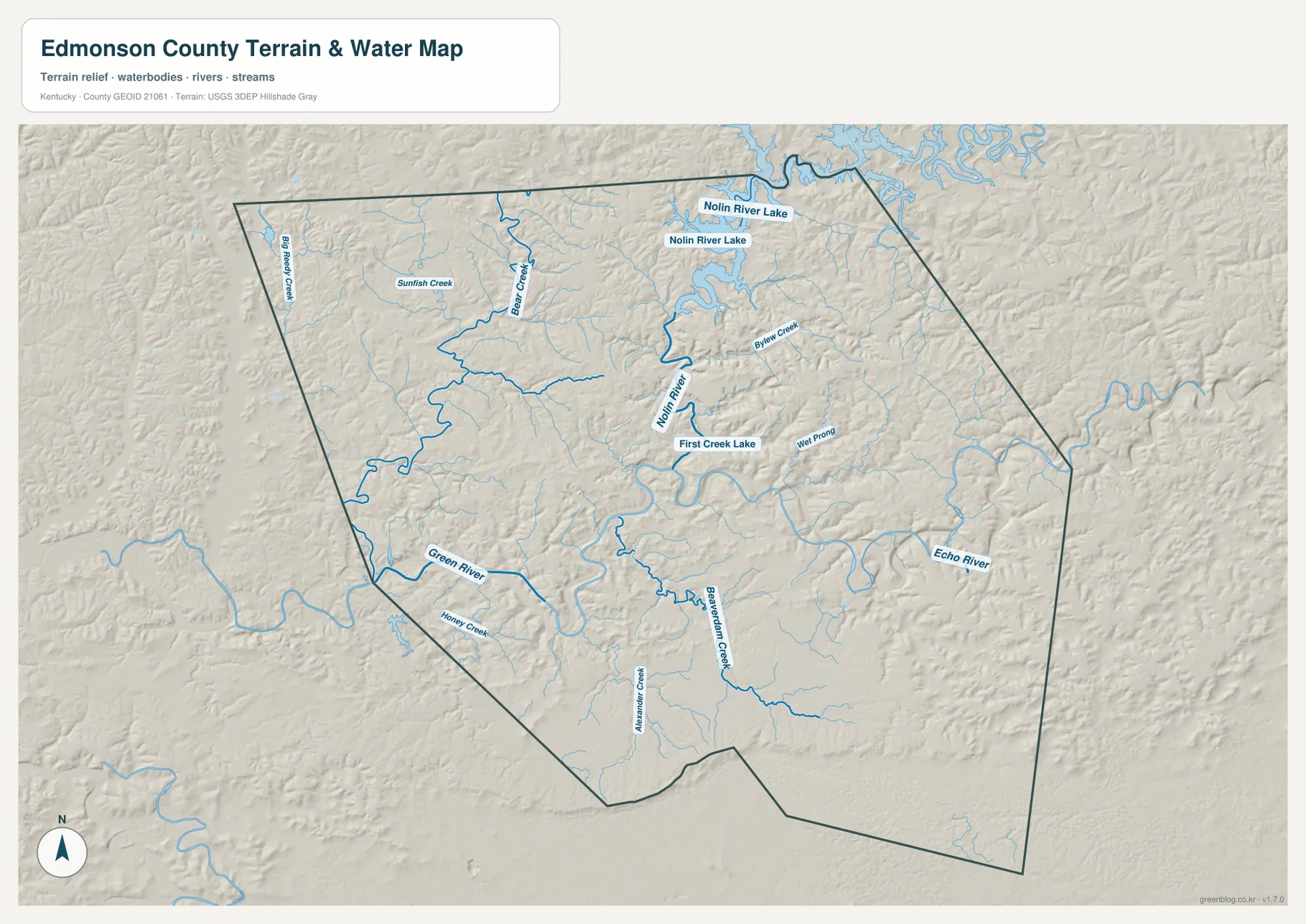 Edmonson County terrain and water map showing the Green River, Nolin River, Nolin River Lake, Big Reedy Creek, Bear Creek, Byler Creek, Beaver Dam Creek, and Echo River