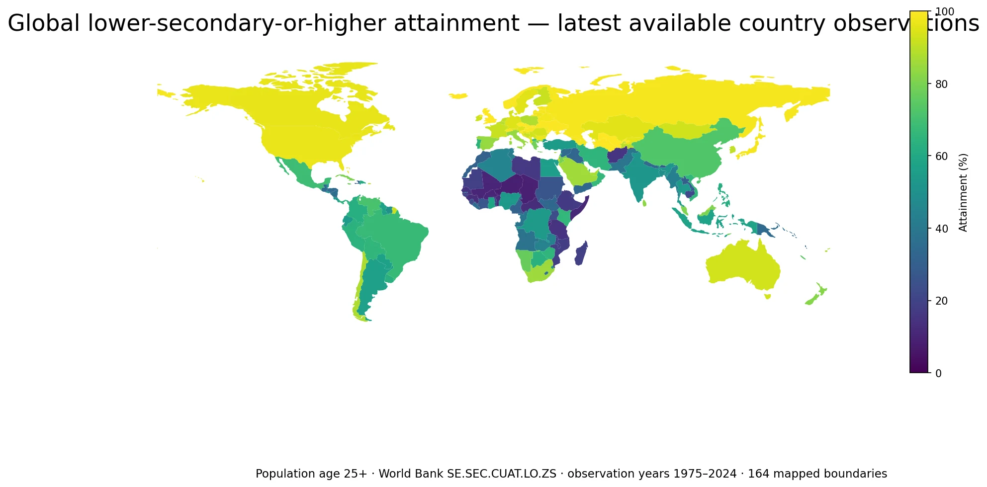Global map of adults age 25+ completing at least lower-secondary education
