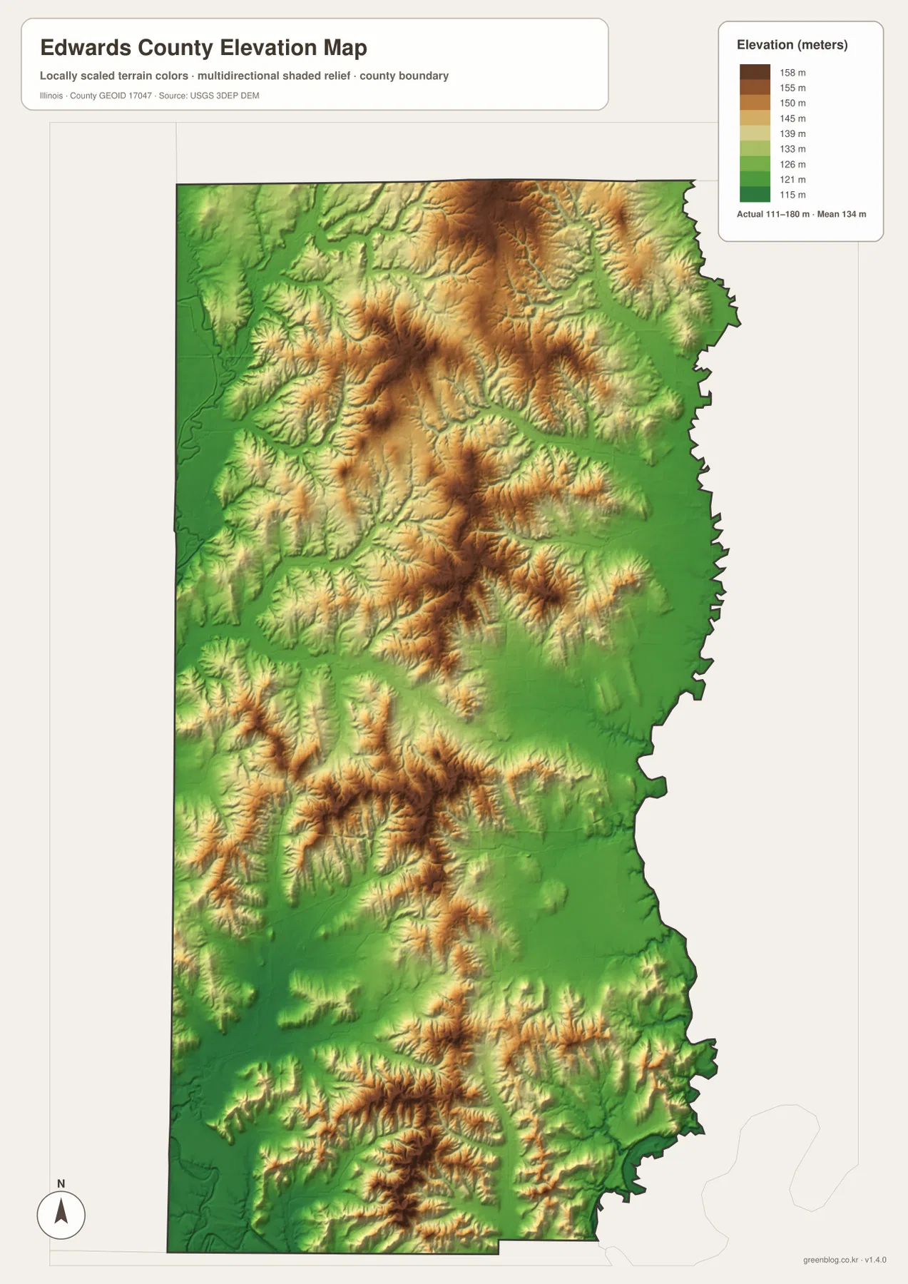 Edwards County Illinois elevation map showing higher interior ridges and lower Little Wabash and Bonpas corridors across an actual range of about 111 to 180 meters