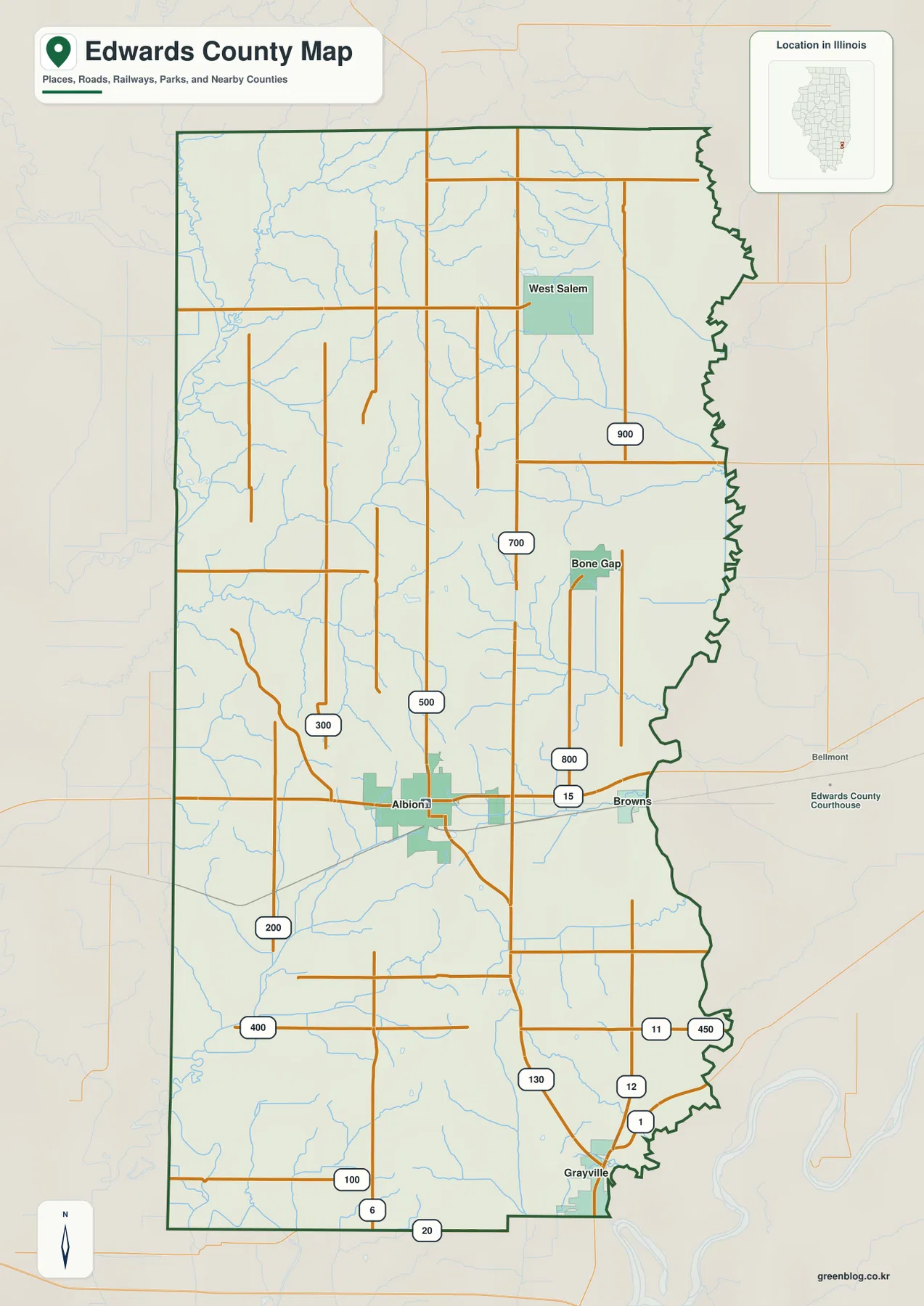 Edwards County Illinois overview map showing Albion, West Salem, Bone Gap, Browns, Grayville, Route 15, Route 130, streams, railways, and county boundaries