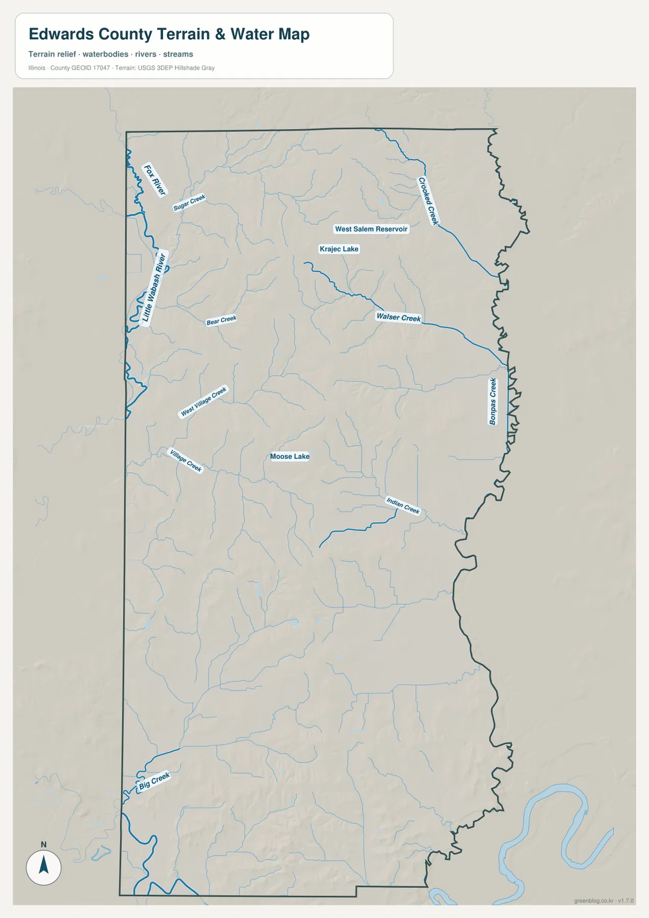 Edwards County Illinois terrain and water map showing Little Wabash River, Fox River, Bonpas Creek, Crooked Creek, Walser Creek, Indian Creek, and named lakes