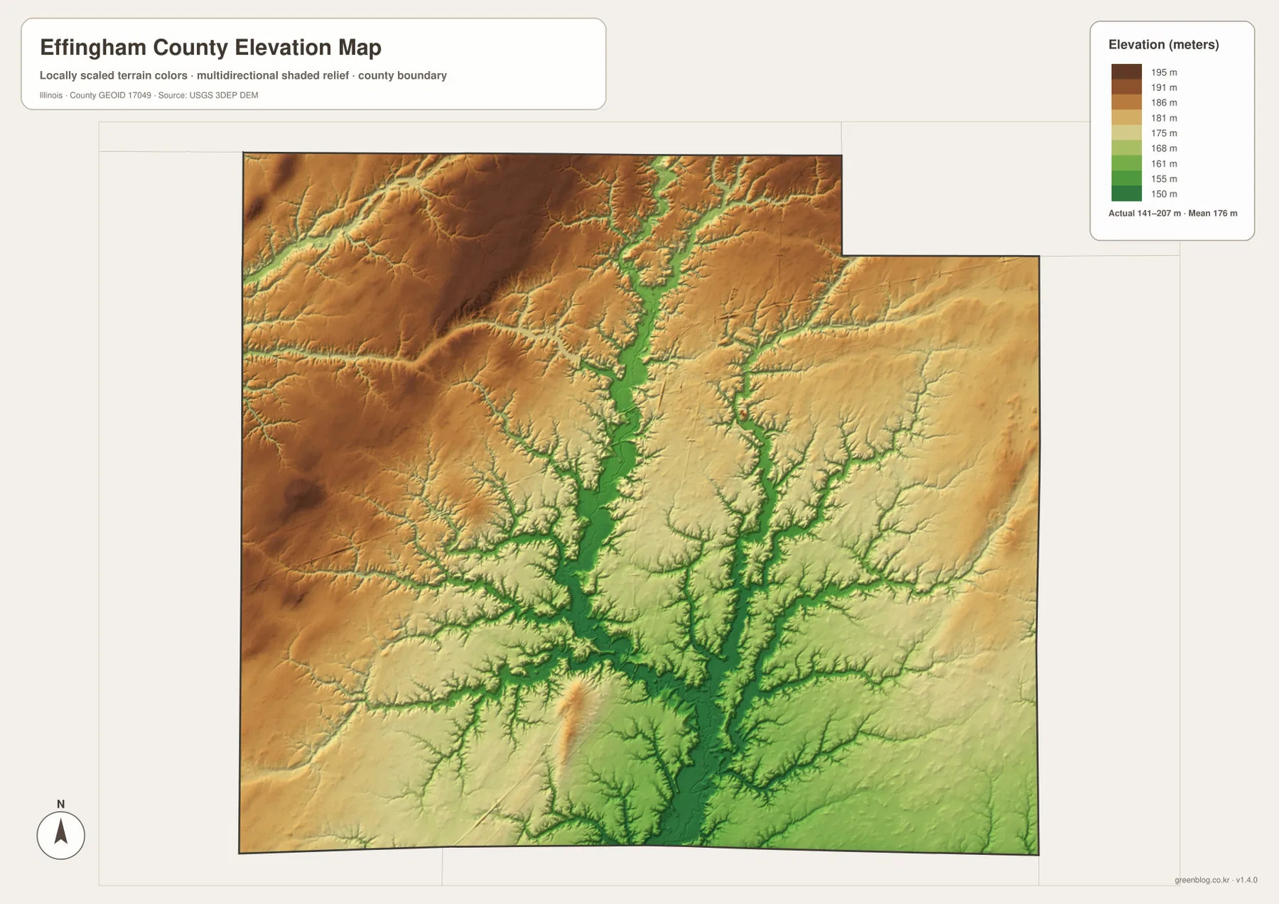 Effingham County Illinois elevation map showing higher northwest terrain and lower Little Wabash and Salt Creek corridors across an actual range of about 141 to 207 meters