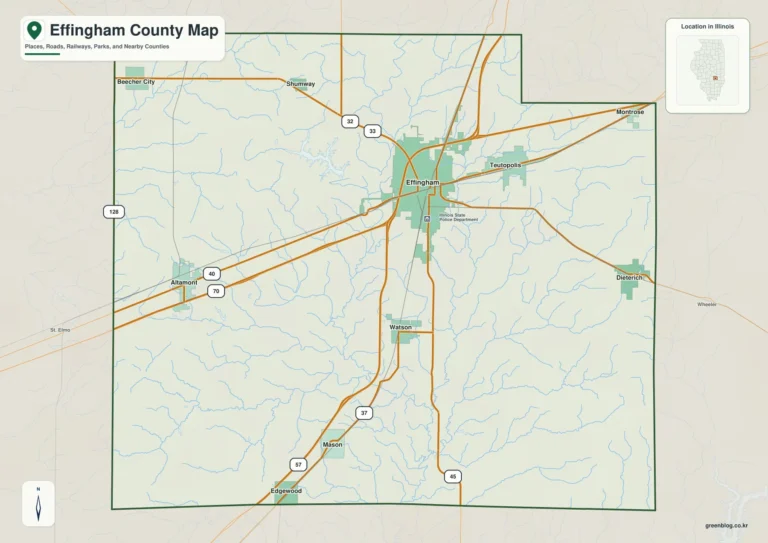 일리노이주 에핑엄 카운티(Effingham County) 지도 – Lake Sara와 I-57·I-70 주변 하천지형