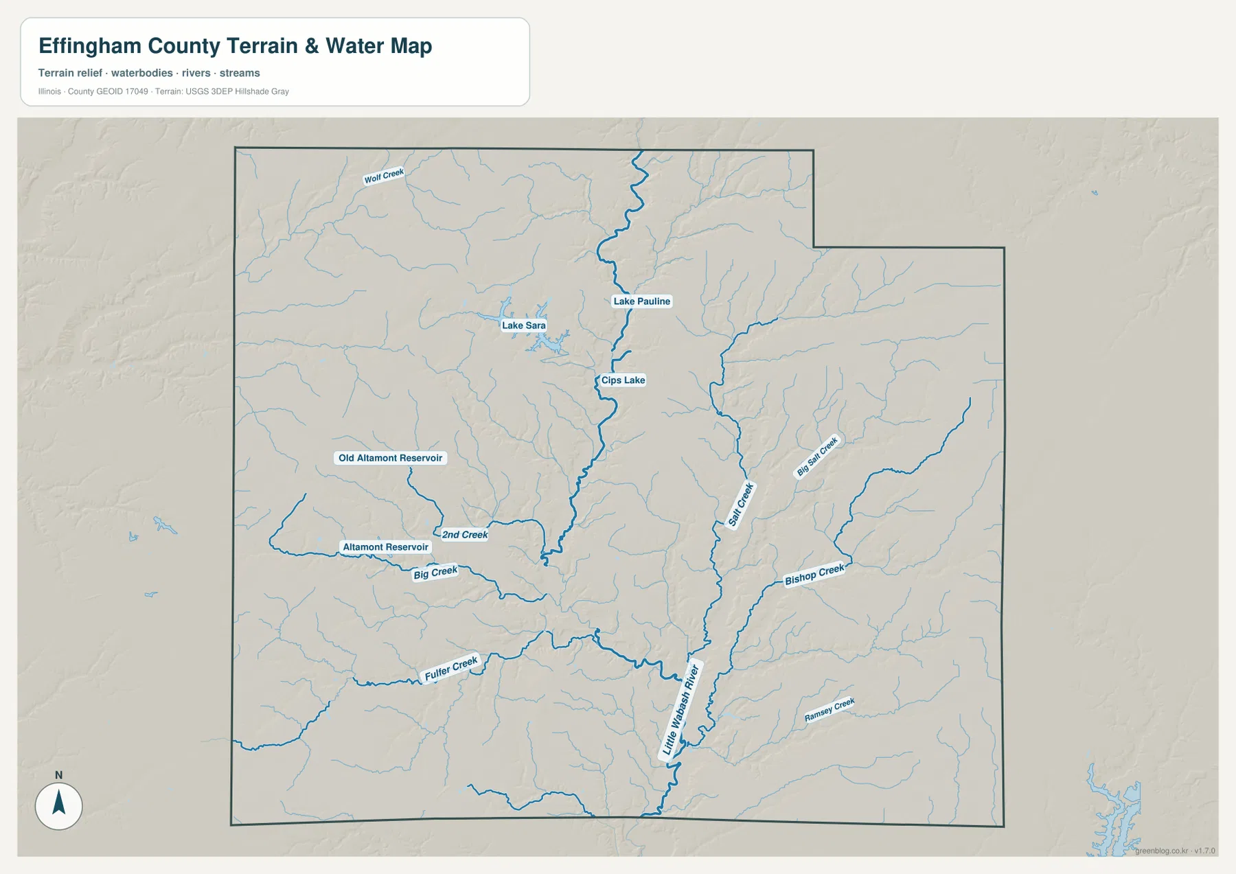 Effingham County Illinois terrain and water map showing Little Wabash River, Salt Creek, Big Salt Creek, Big Creek, Fuller Creek, Lake Sara, Lake Pauline, Cips Lake, and Altamont reservoirs