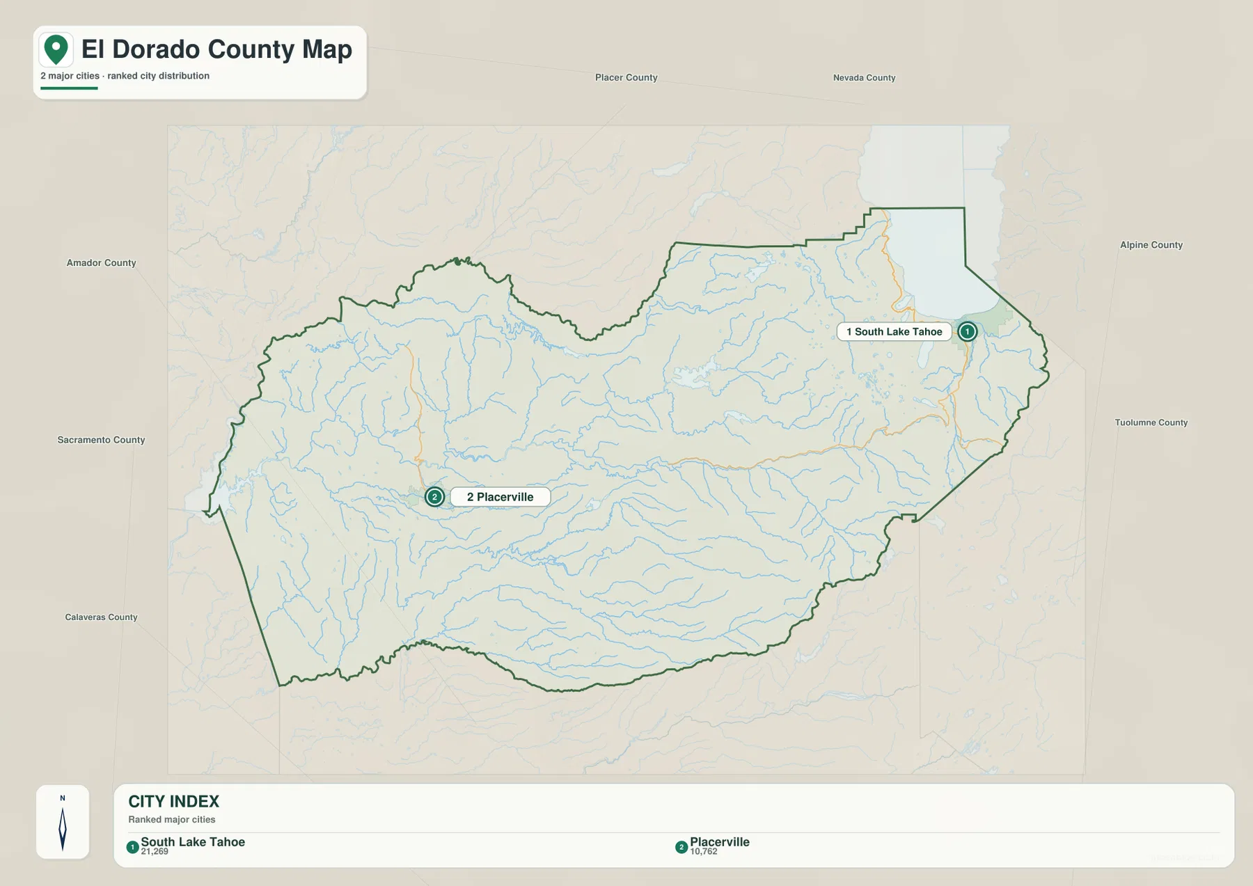 El Dorado County city-distribution map showing South Lake Tahoe and Placerville