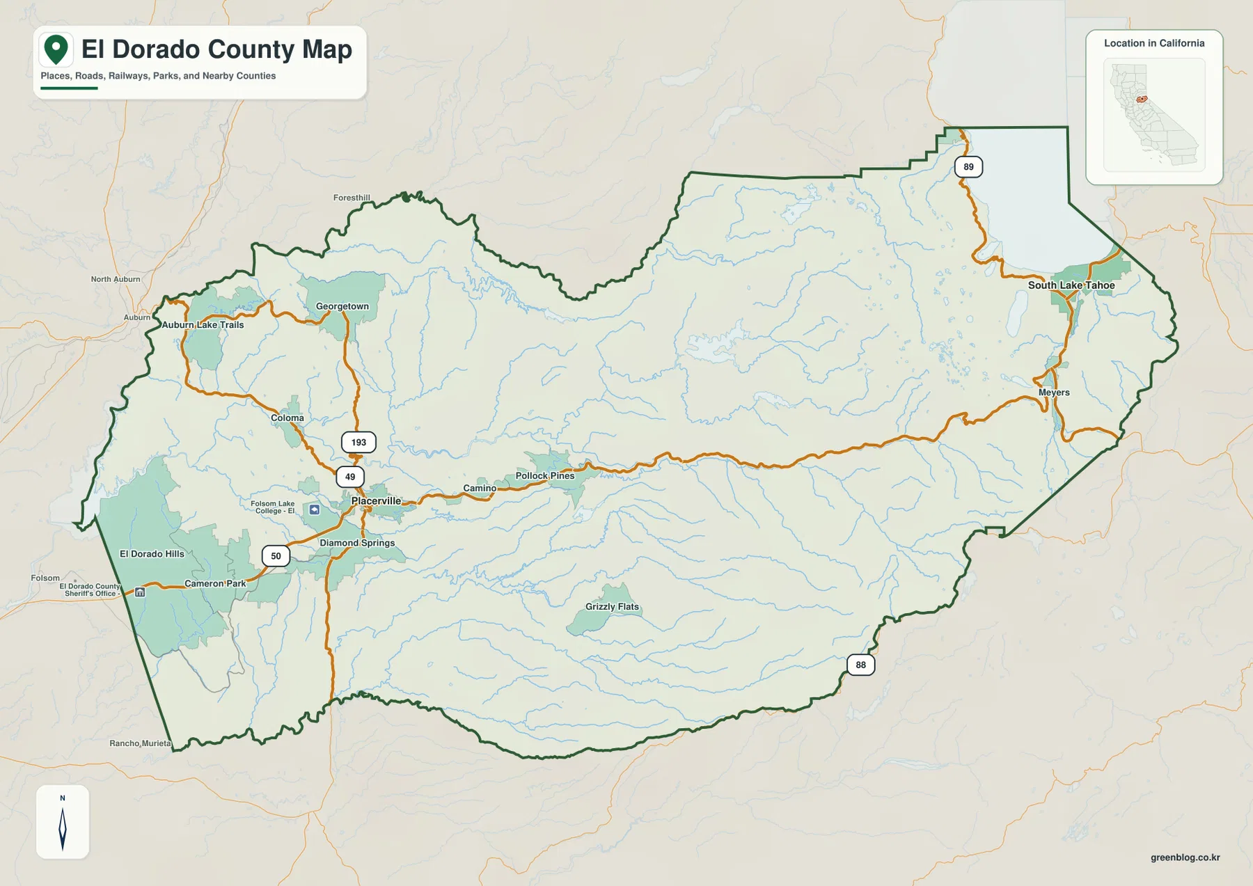 El Dorado County California reference map showing Placerville, El Dorado Hills, Cameron Park, Coloma, Pollock Pines, South Lake Tahoe, highways, streams, and county boundary