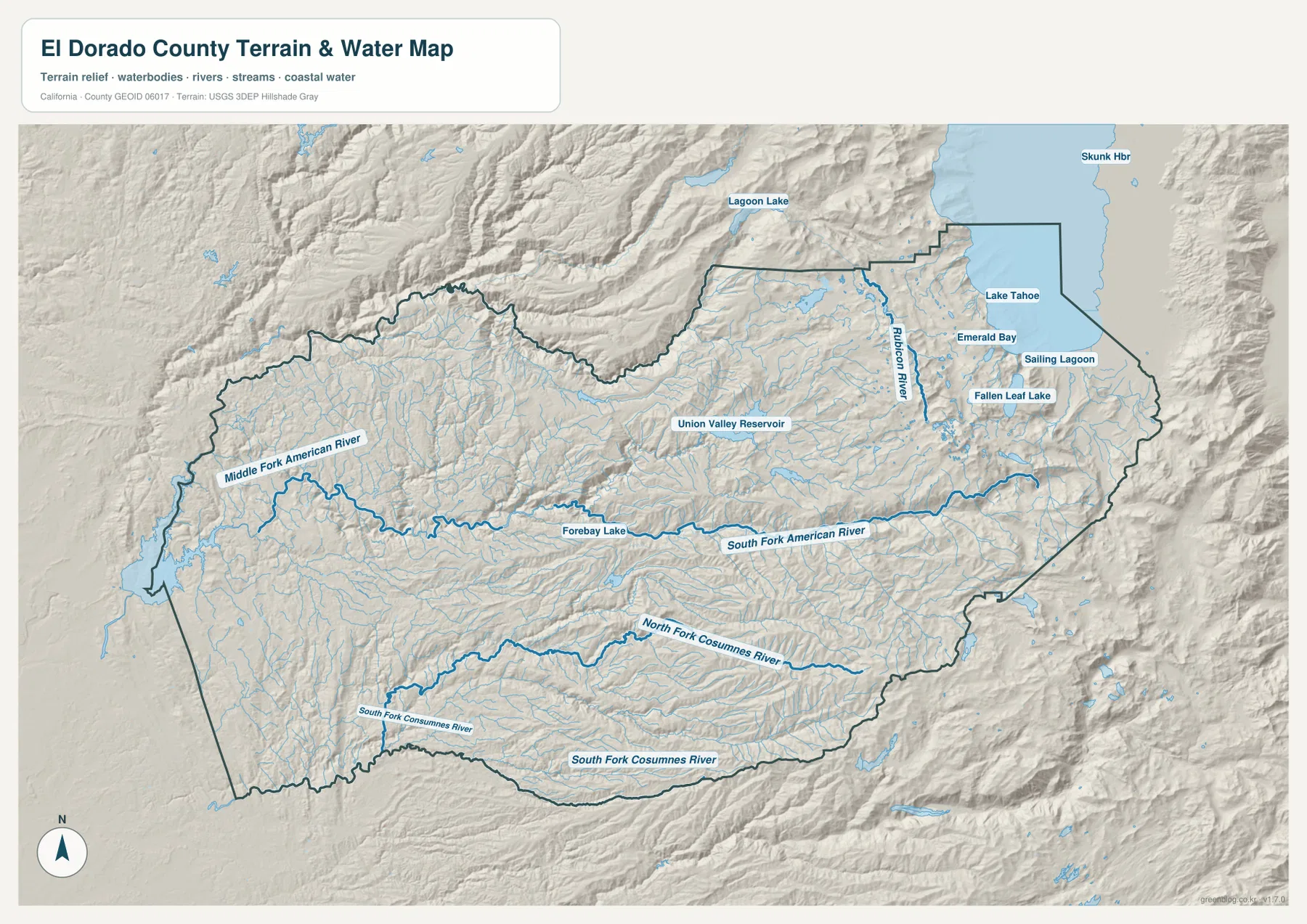 El Dorado County terrain and water map showing Middle Fork American River, South Fork American River, Union Valley Reservoir, Rubicon River, Lake Tahoe, and Sierra relief