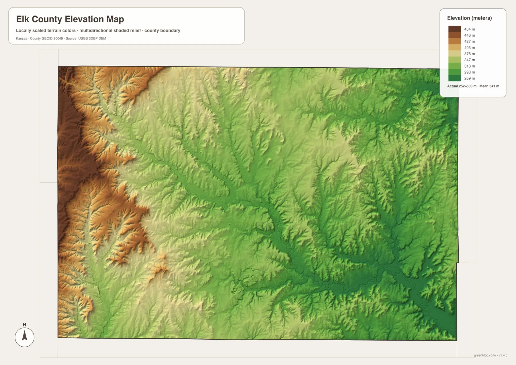 Elk County elevation map showing the 252–503 meter range, high western hills, and lower Elk River and eastern valleys
