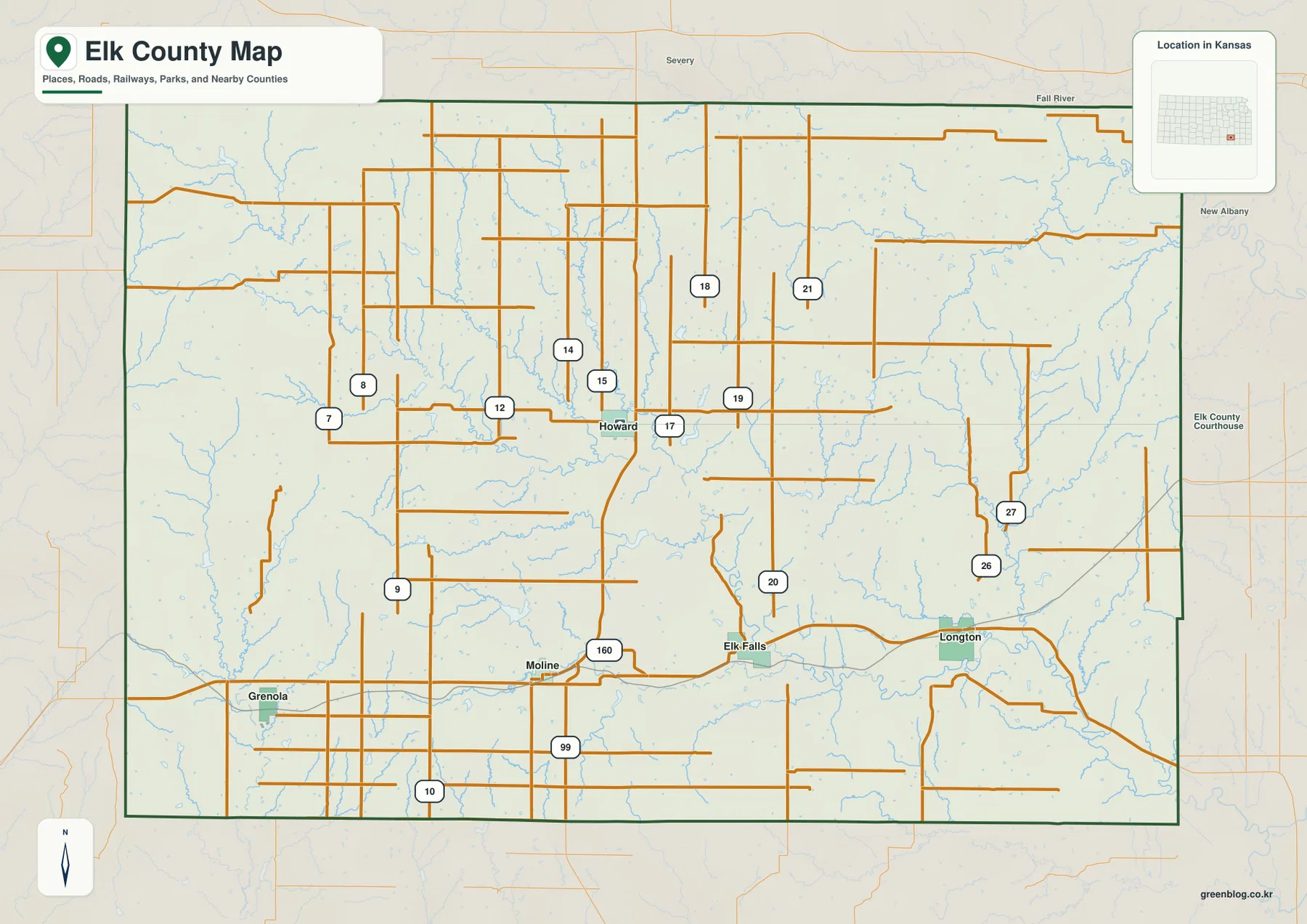 Elk County Kansas general map showing Howard, Moline, Elk Falls, Longton, Grenola, numbered roads, and streams