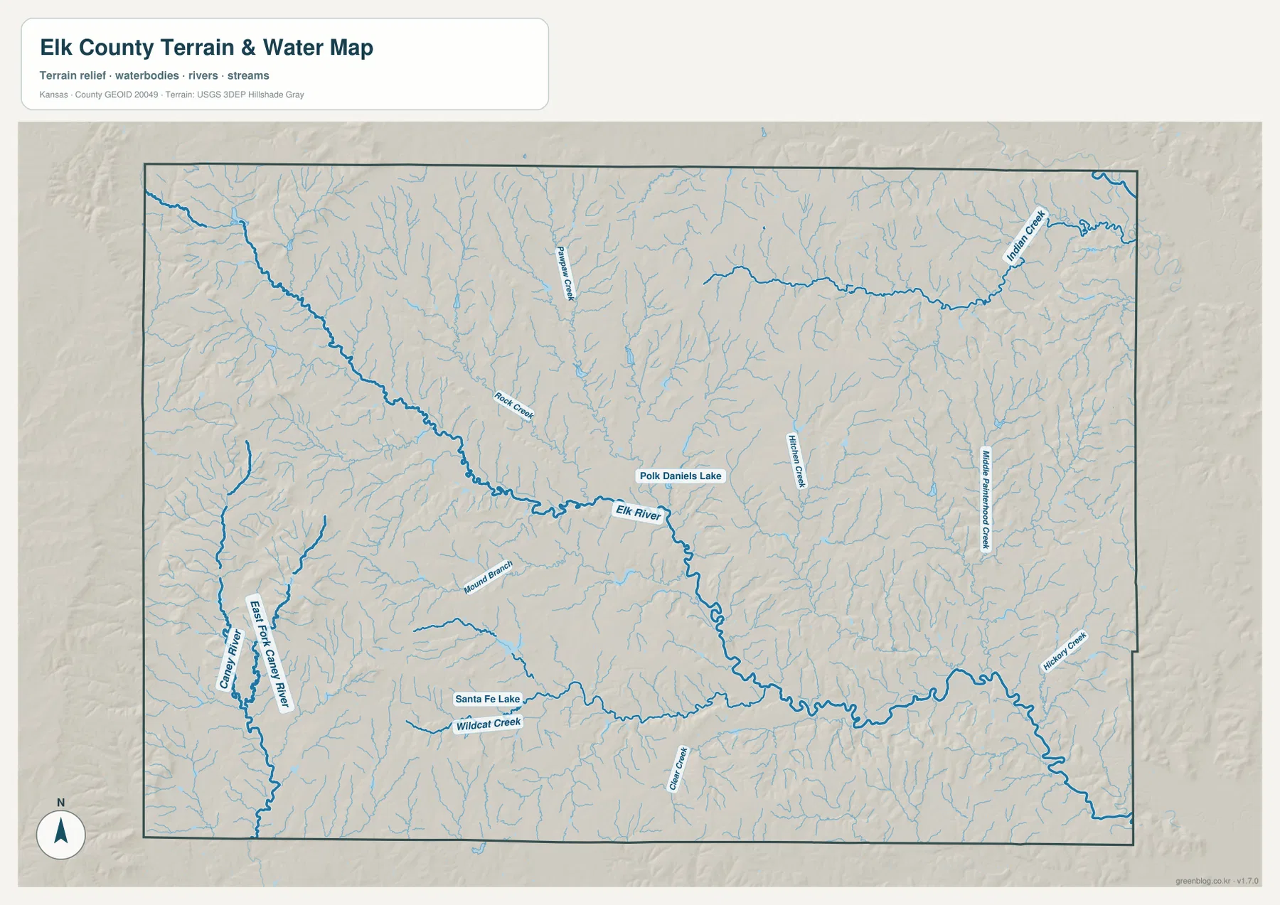 Elk County terrain and water map showing Elk River, Rock Creek, Indian Creek, Hitchen Creek, Wildcat Creek, and other tributaries