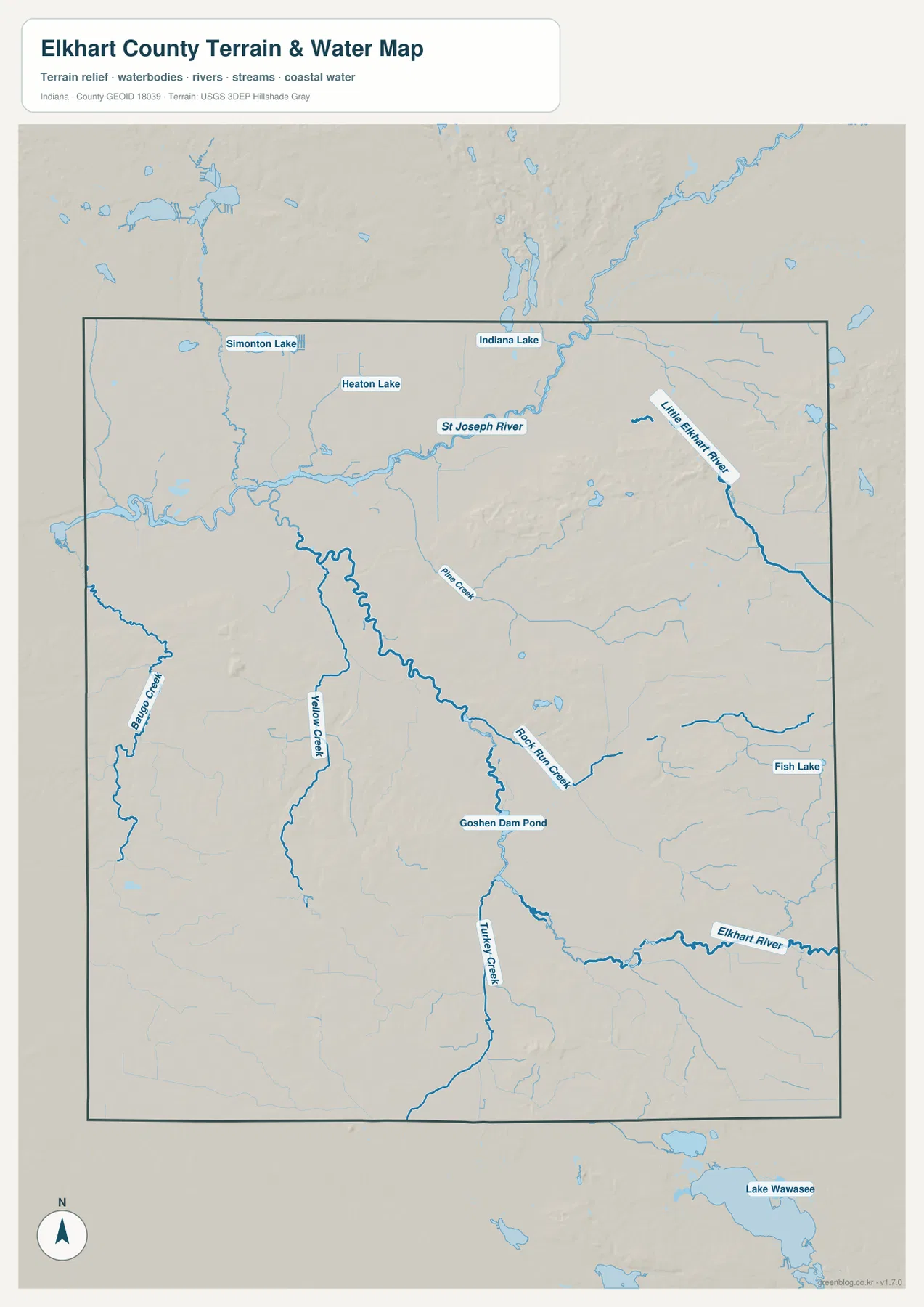 Elkhart County의 St. Joseph River, Elkhart River와 주요 지류가 표시된 수역 지형 지도