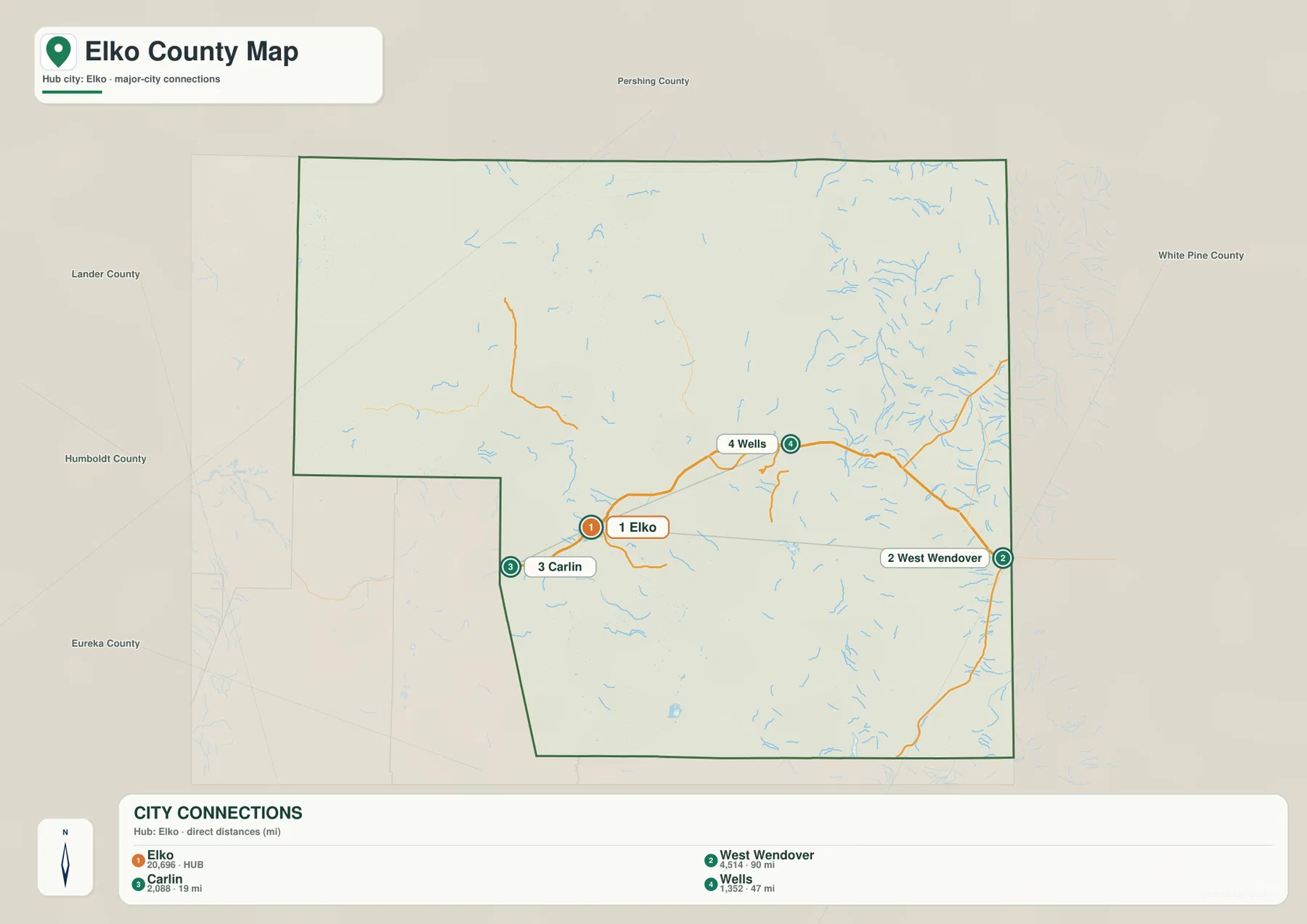 Elko를 중심으로 Carlin, Wells, West Wendover를 연결한 Elko County 도시 지도