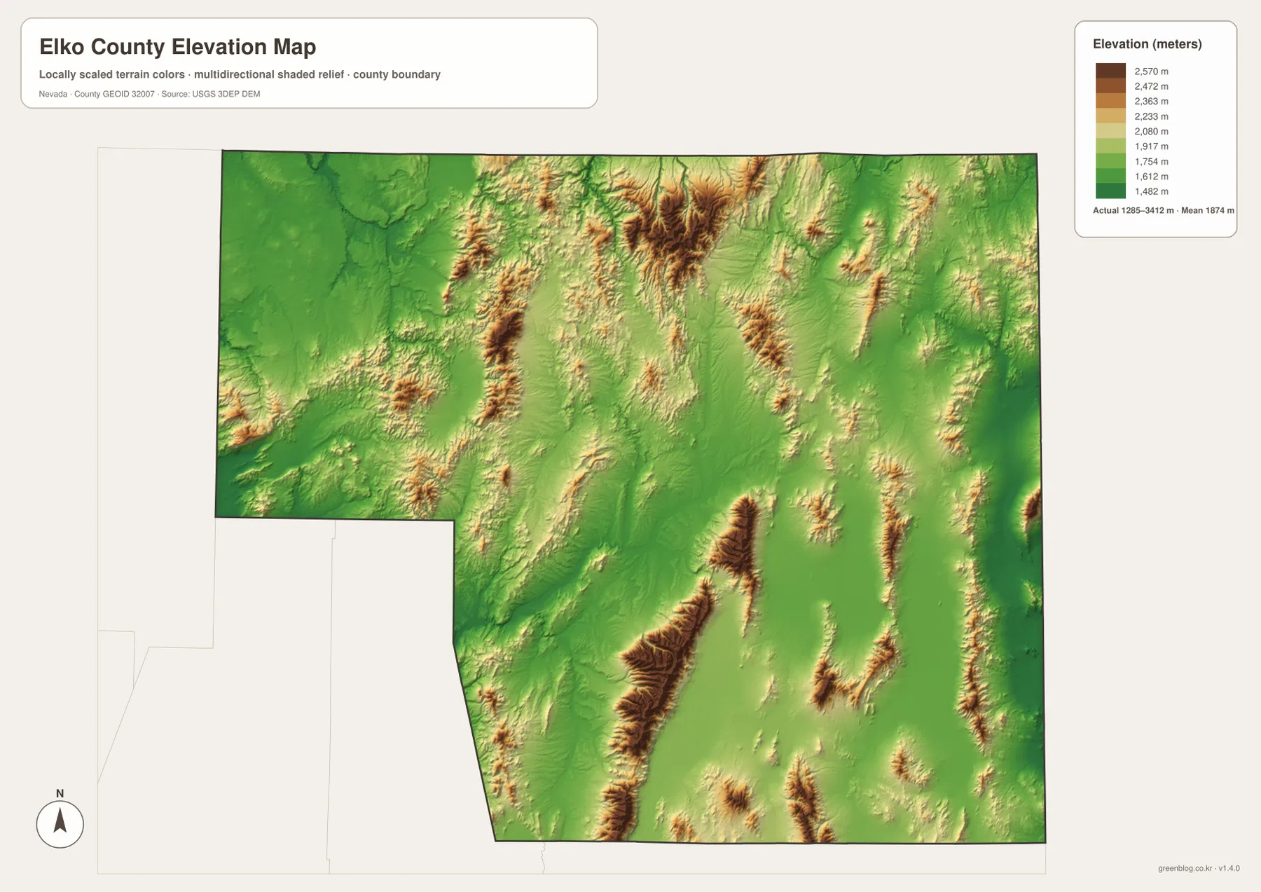 Ruby Mountains와 Elko County의 높은 산맥, 낮은 분지와 계곡을 보여 주는 고도 지도