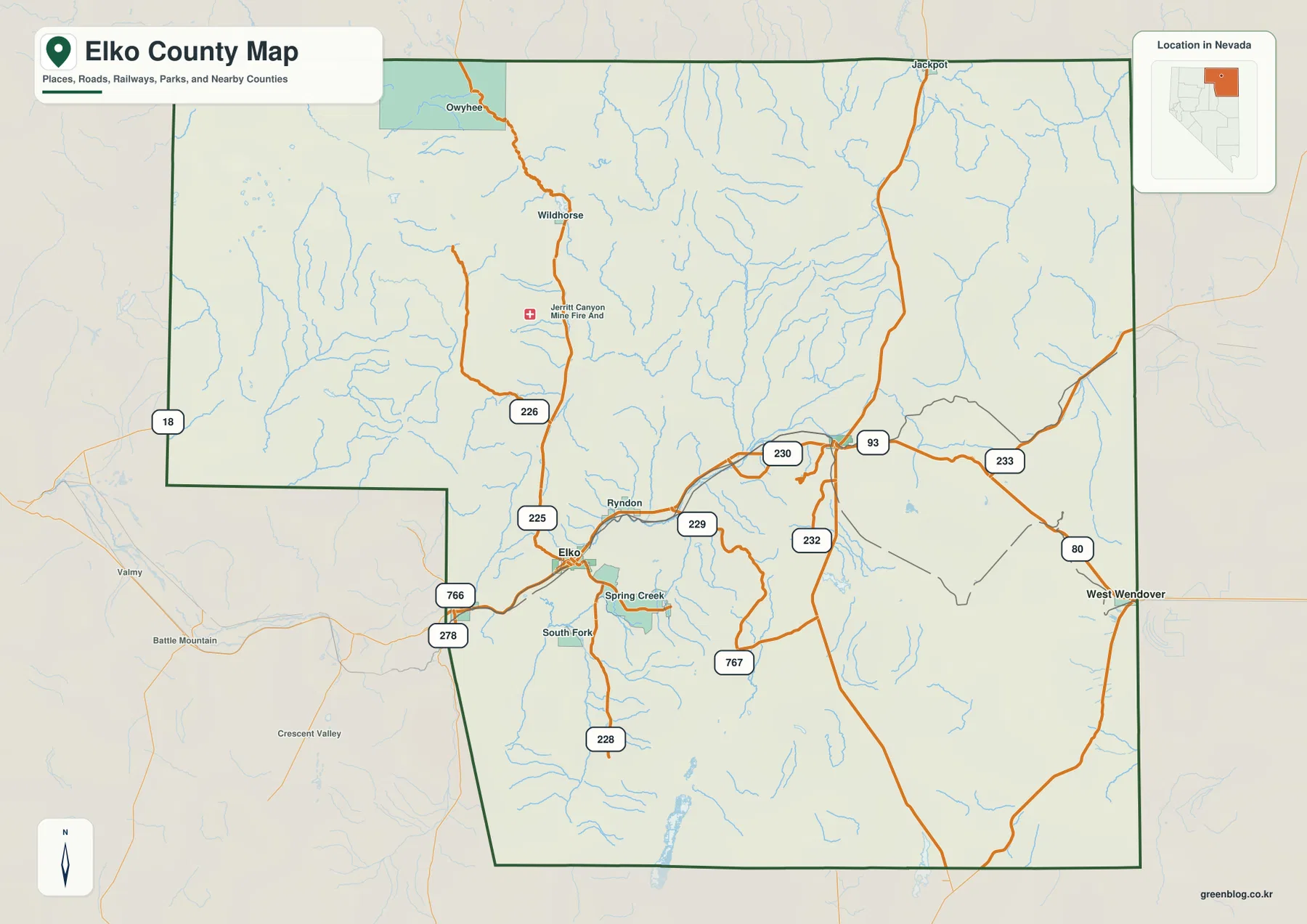 Elko, Carlin, Wells, West Wendover와 I-80, U.S. 93, Nevada 225·226을 표시한 Elko County Nevada 지도