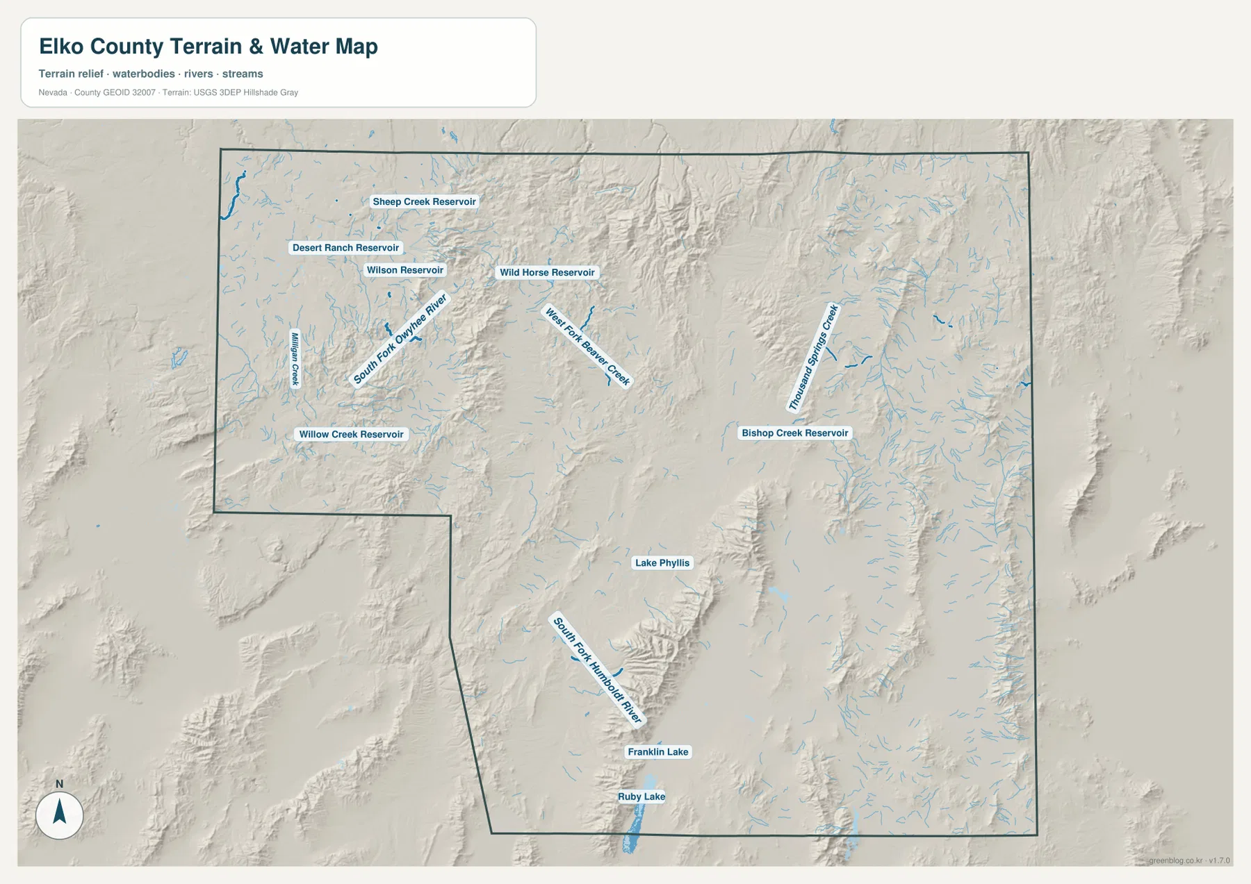 South Fork Owyhee River, West Fork Beaver Creek, Thousand Springs Creek, South Fork Humboldt River와 주요 저수지를 표시한 Elko County 수역 지도