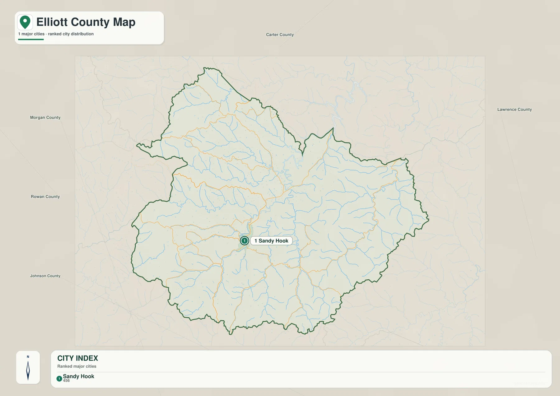 Elliott County city map highlighting Sandy Hook as the single major-city reference point and showing nearby Kentucky counties
