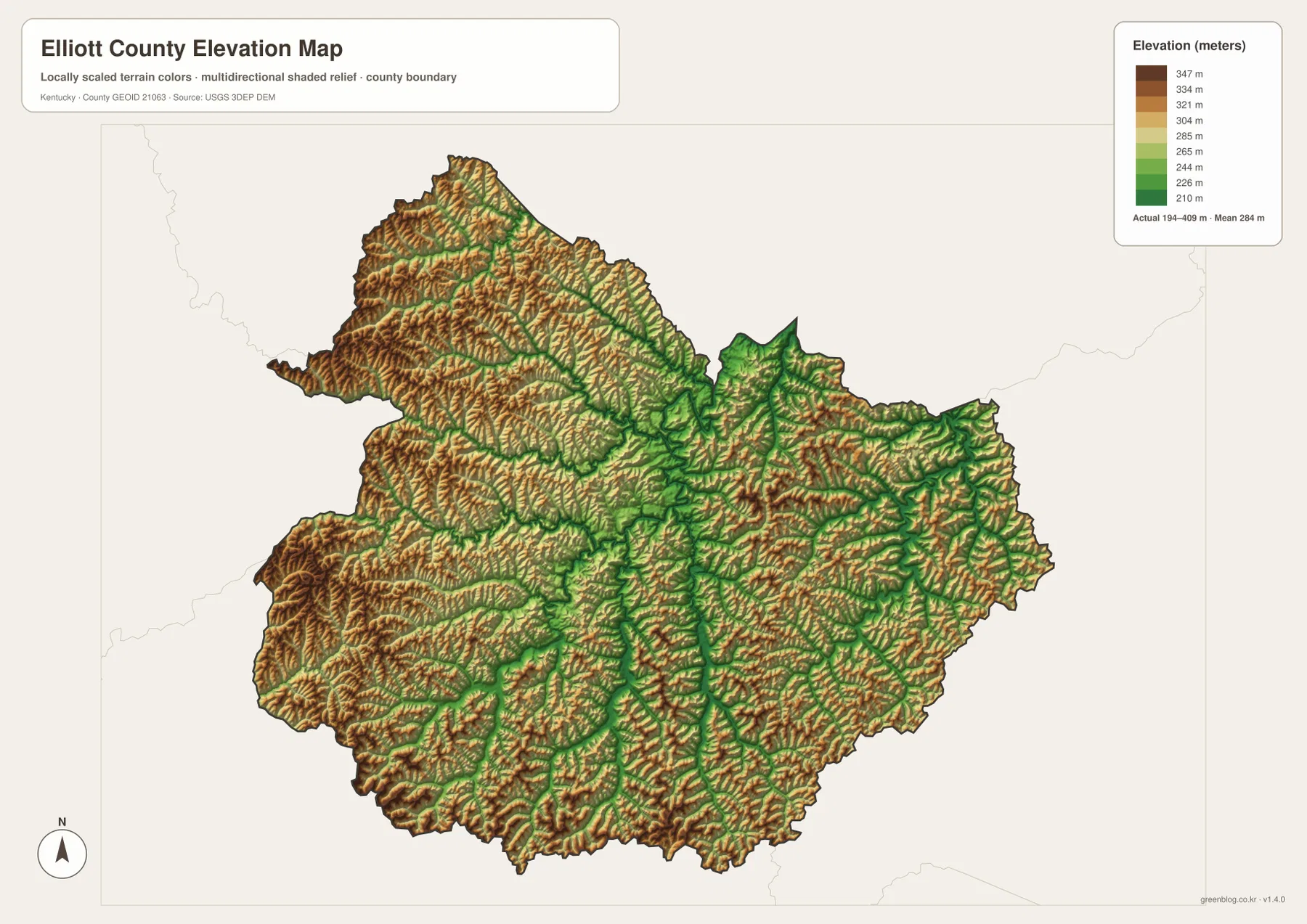 Elliott County elevation map showing a 194–409 meter range, lower Little Sandy River valleys, and higher surrounding ridges