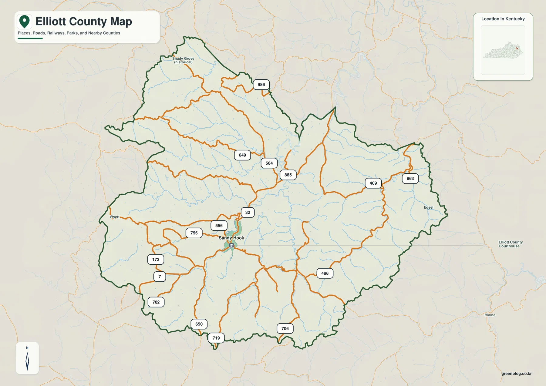 Elliott County Kentucky map showing Sandy Hook, KY 7 and KY 32, smaller state routes, streams, and the county boundary