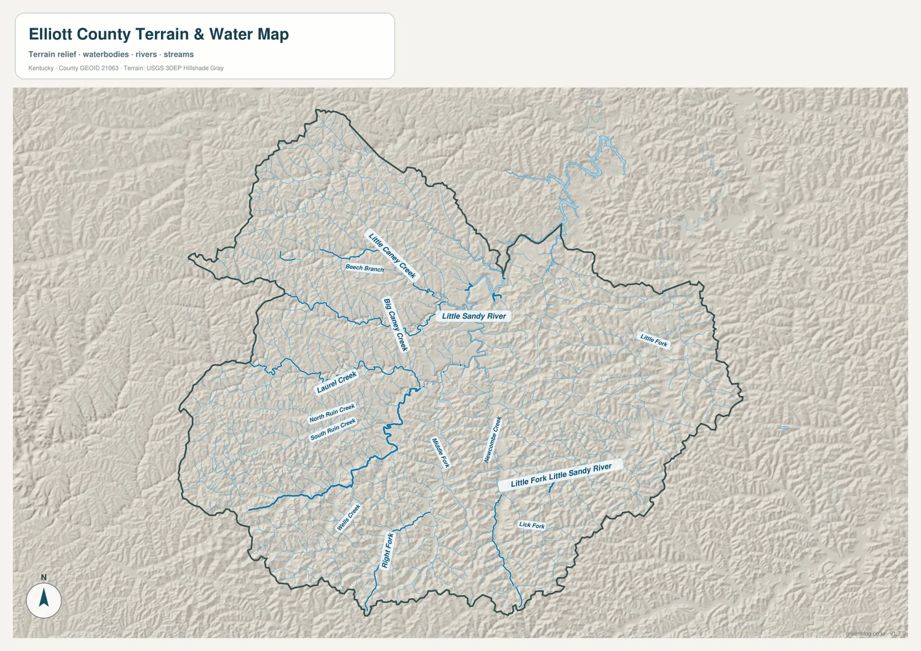 Elliott County terrain and water map showing Little Sandy River, Little Fork Little Sandy River, Caney Creek tributaries, and shaded ridges