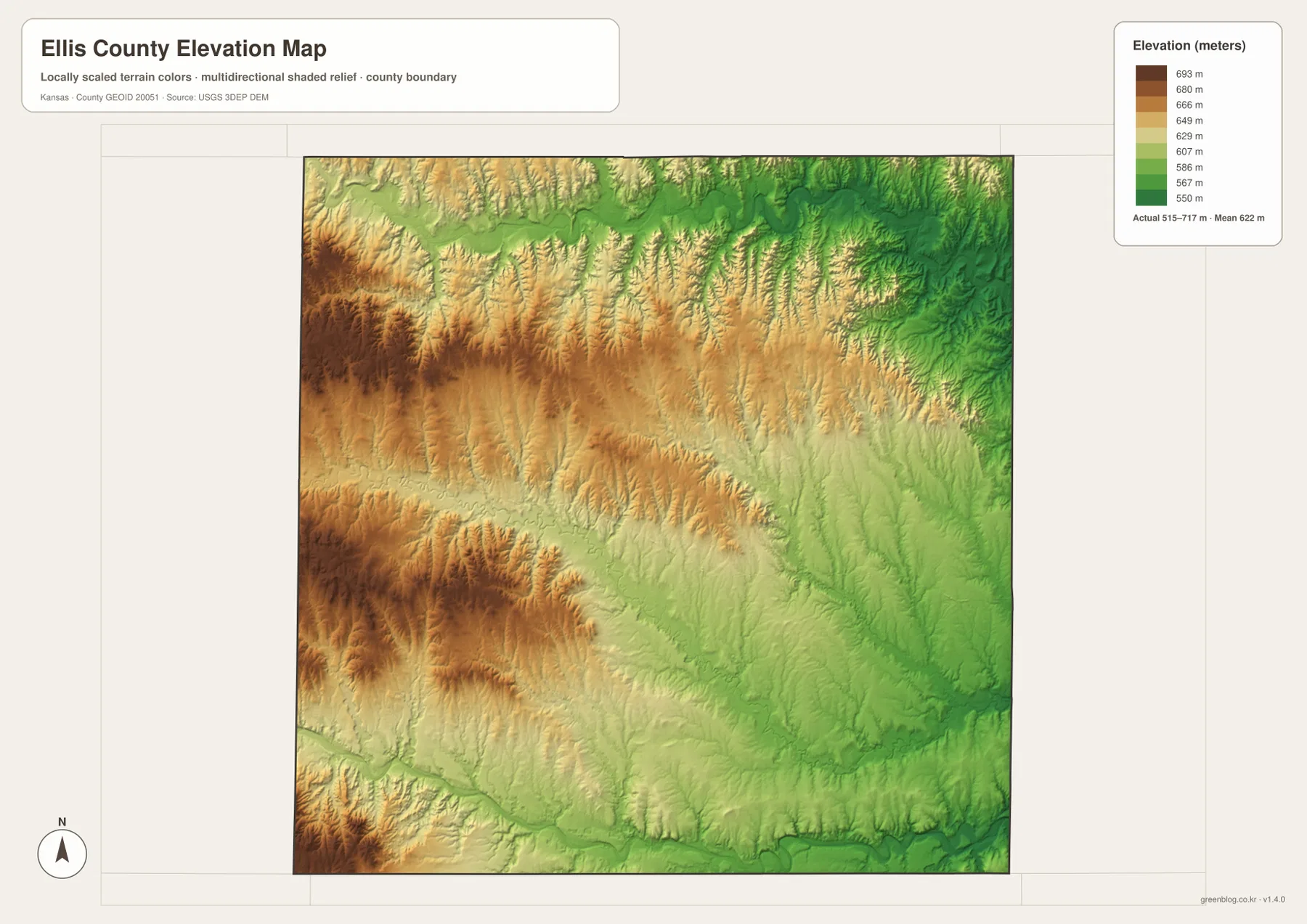 Ellis County elevation map showing the 515–717 meter range, higher western uplands, and lower eastern and river-valley terrain