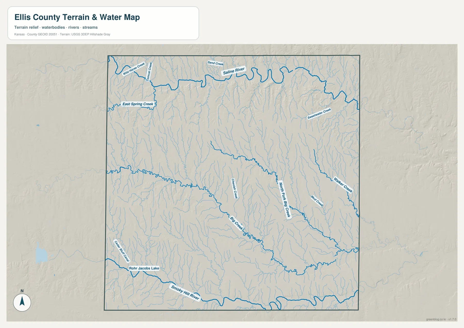 Ellis County terrain and water map showing Saline River, Smoky Hill River, Big Creek, North Fork Big Creek, Walker Creek, and Sweetwater Creek