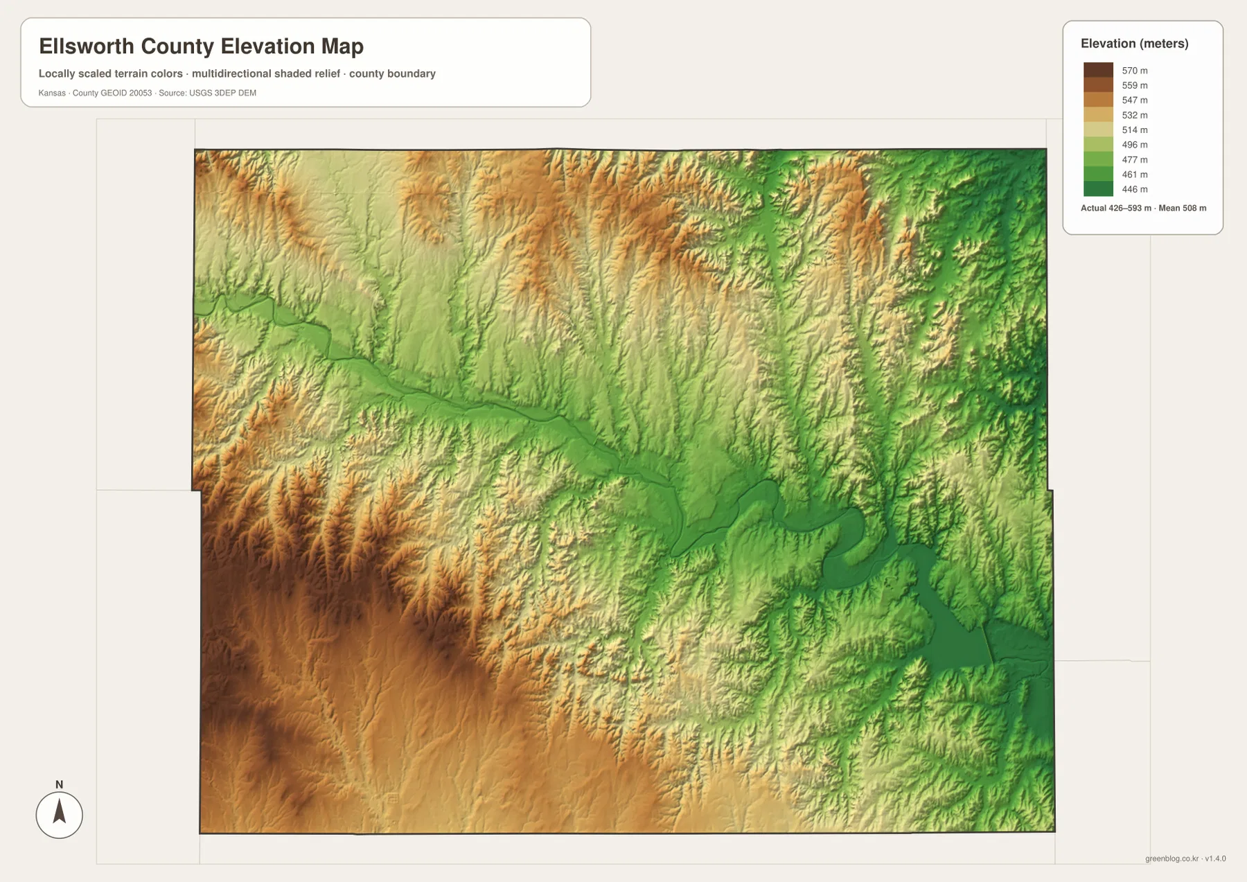 Ellsworth County elevation map showing the 426–593 meter range, Smoky Hill River and Kanopolis Lake lowlands, and higher southwestern and northwestern hills