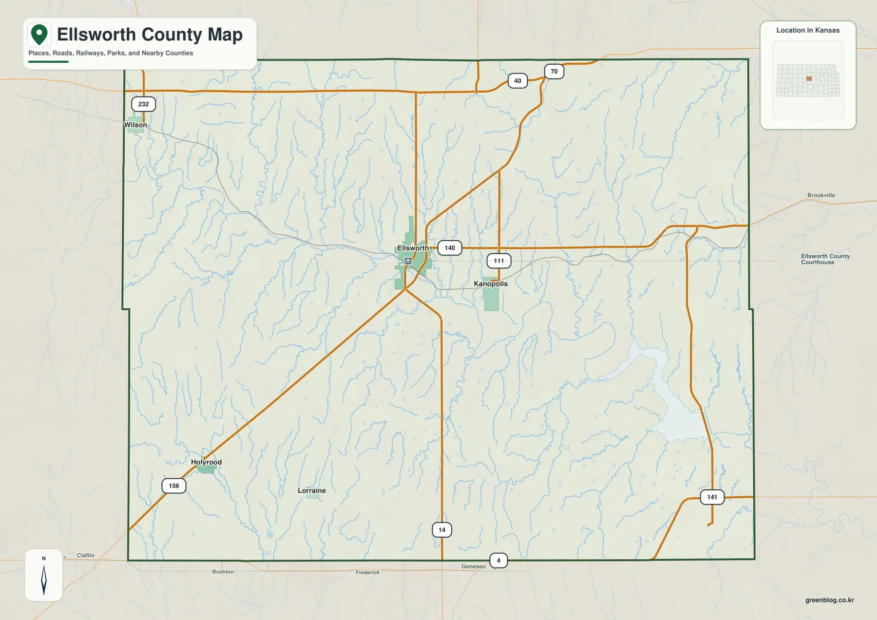 Ellsworth County Kansas general map showing Ellsworth, Kanopolis, Wilson, Holyrood, Lorraine, K-14, K-140, K-156, and major roads