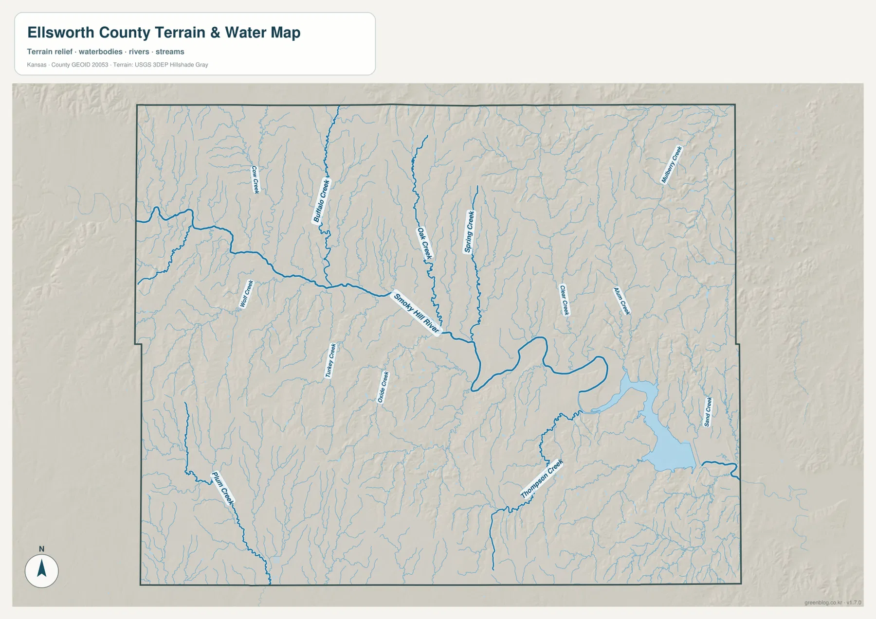 Ellsworth County terrain and water map showing Smoky Hill River, Kanopolis Lake, Buffalo Creek, Oak Creek, Spring Creek, Thompson Creek, and other tributaries