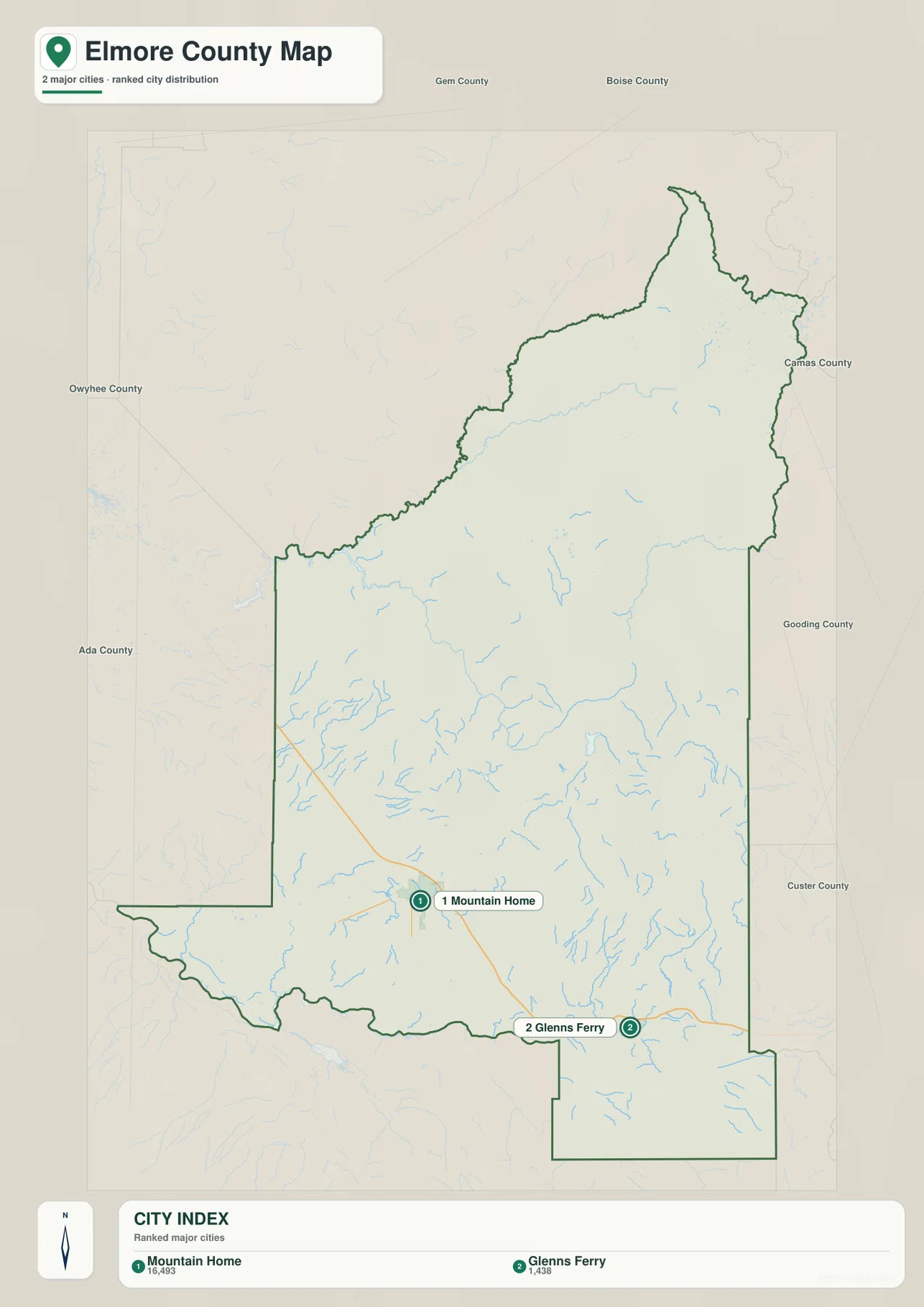 Elmore County city map showing Mountain Home and Glenns Ferry