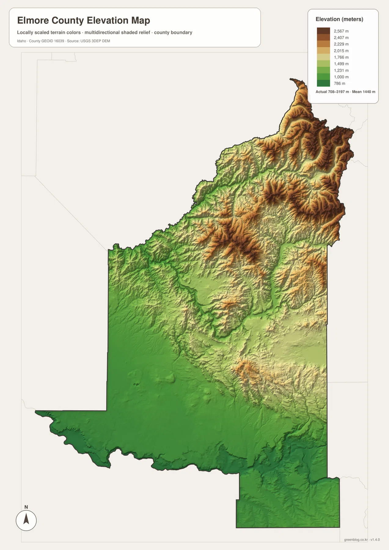 Elmore County elevation map showing the low Mountain Home plain and high northern and northeastern mountains