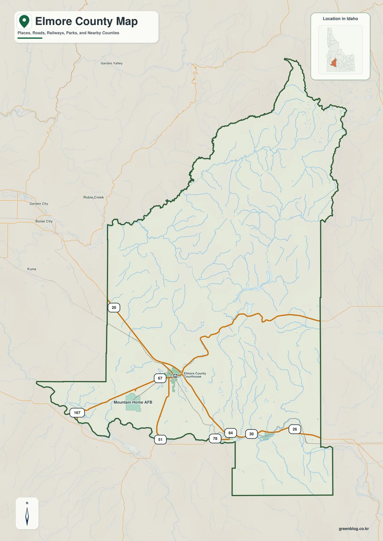 Elmore County Idaho map showing Mountain Home, Glenns Ferry, Interstate 84, US 20 and Mountain Home Air Force Base