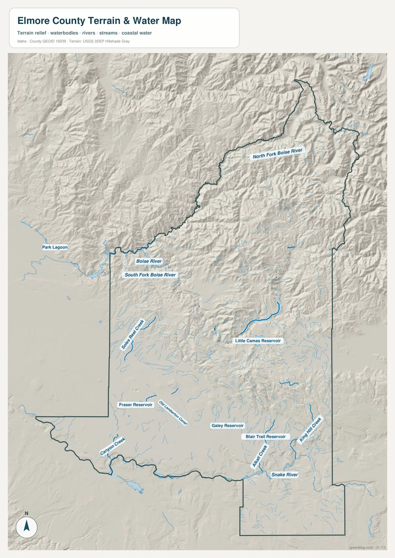 Elmore County terrain and water map showing North Fork Boise River, Boise River, Snake River, Little Camas Reservoir and southern reservoirs
